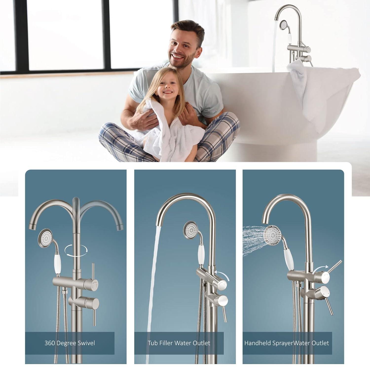 Aolemi Floor Mount Bathtub Faucet Freestanding Tub Filler Standing High Flow Shower Faucets with Ceramic Handheld Brushed Nickel