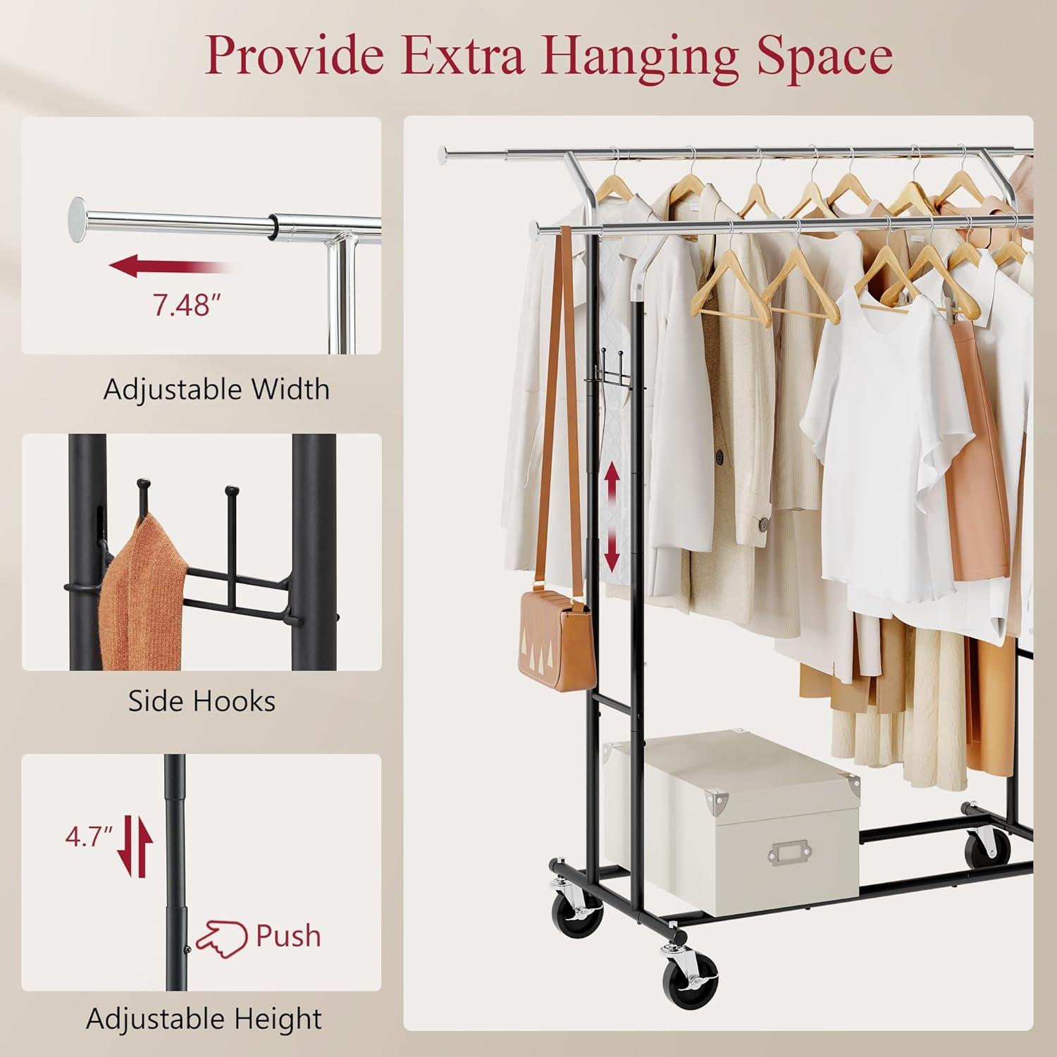 Clothes Rack Heavy Duty Rolling Garment Rack with Wheels and Extendable Double Rods, Collapsible Clothing Racks For Hanging Clothes, Adjustable Commercial Clothes Rack with Shelf, Black&Chrome