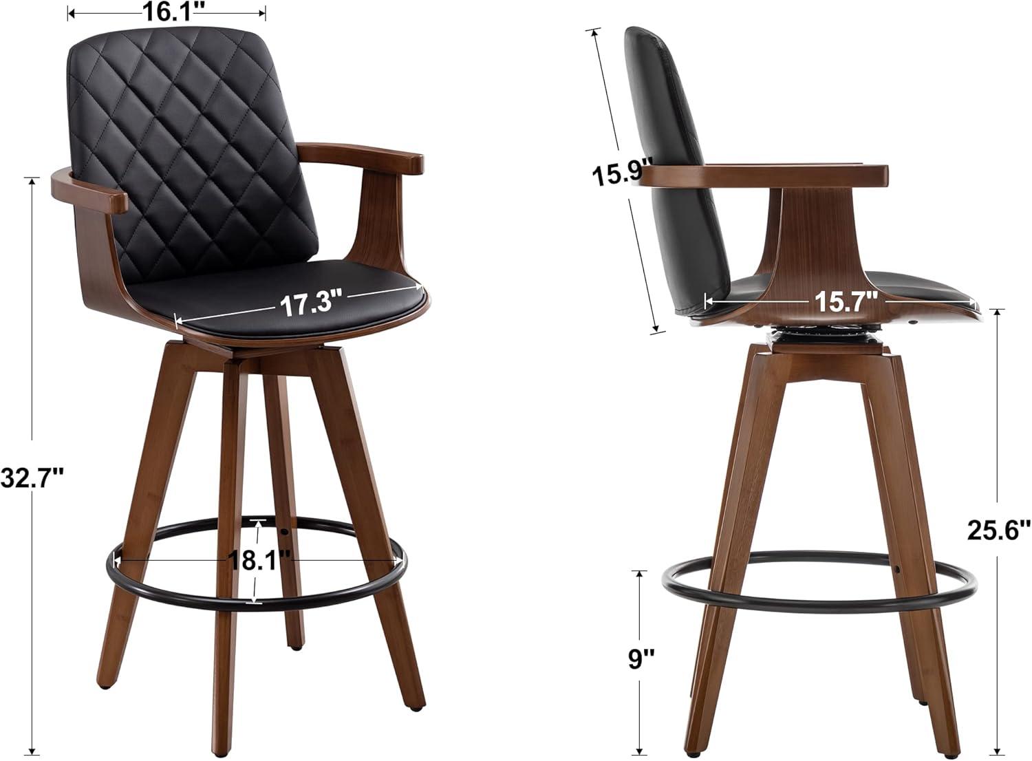 Black Faux Leather Swivel Bar Stools with Wooden Arms and Legs, Set of 2