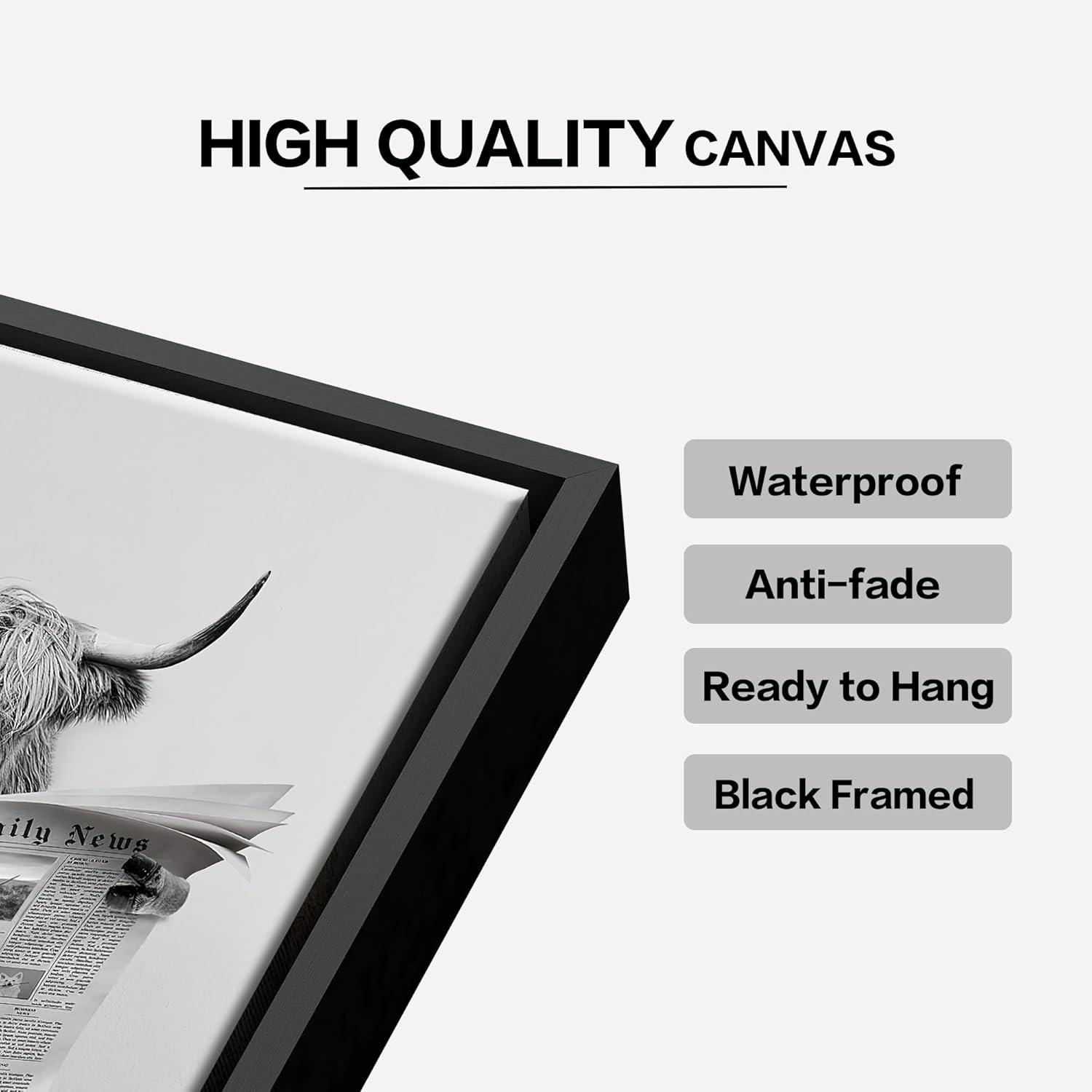 Modern Black Framed Highland Cow Wall Art Minimalist Bathroom Wall Decor Cute Funny Animals Artwork Canvas Prints Ready to Hang for Guest Bathroom, Hotel, Condo, Kids Bathroom, 12”x16”