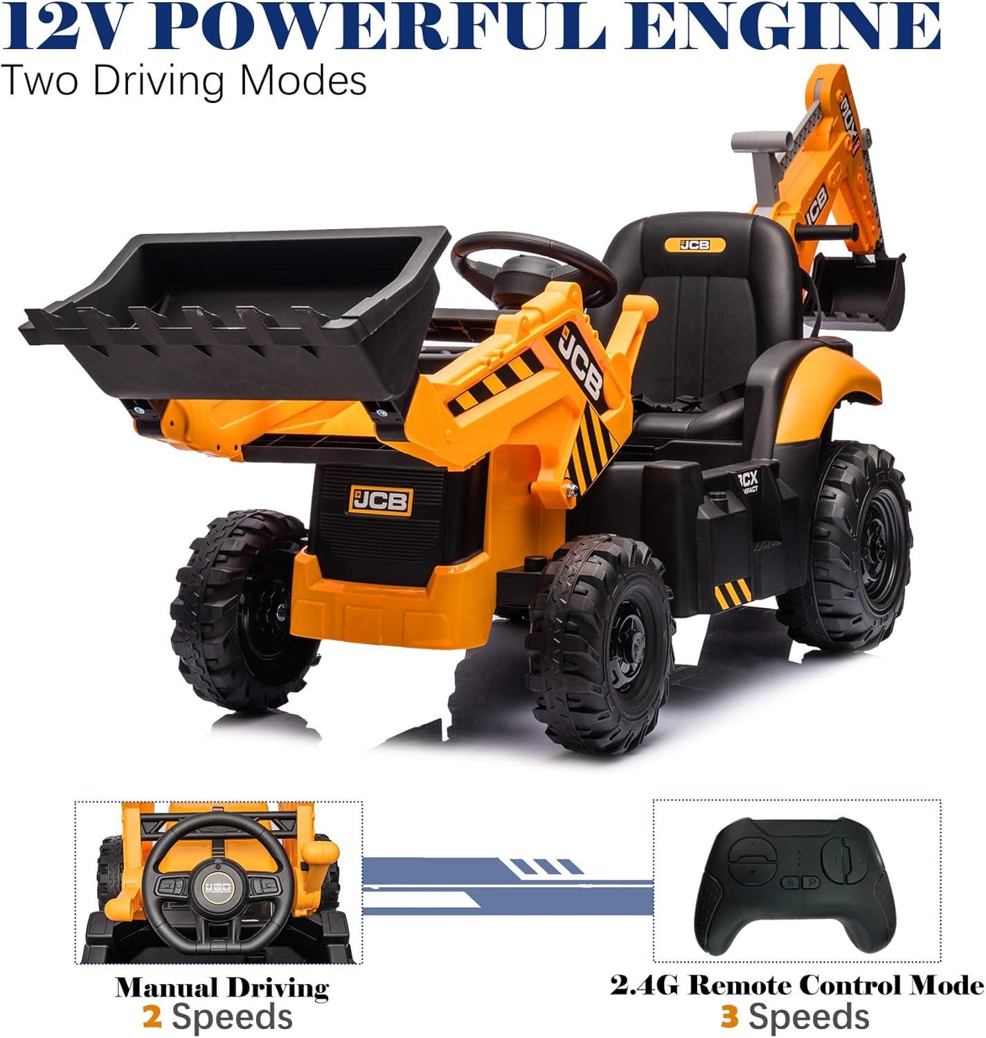 24V JCB Ride on Excavator Toy, 3 in 1 Ride on Tractor Truck with Remote Control, Battery Powered Ride on Bulldozer Kids Electric Vehicles with Front Loader Bulldozer, Digger, Adjustable Seat, Yellow