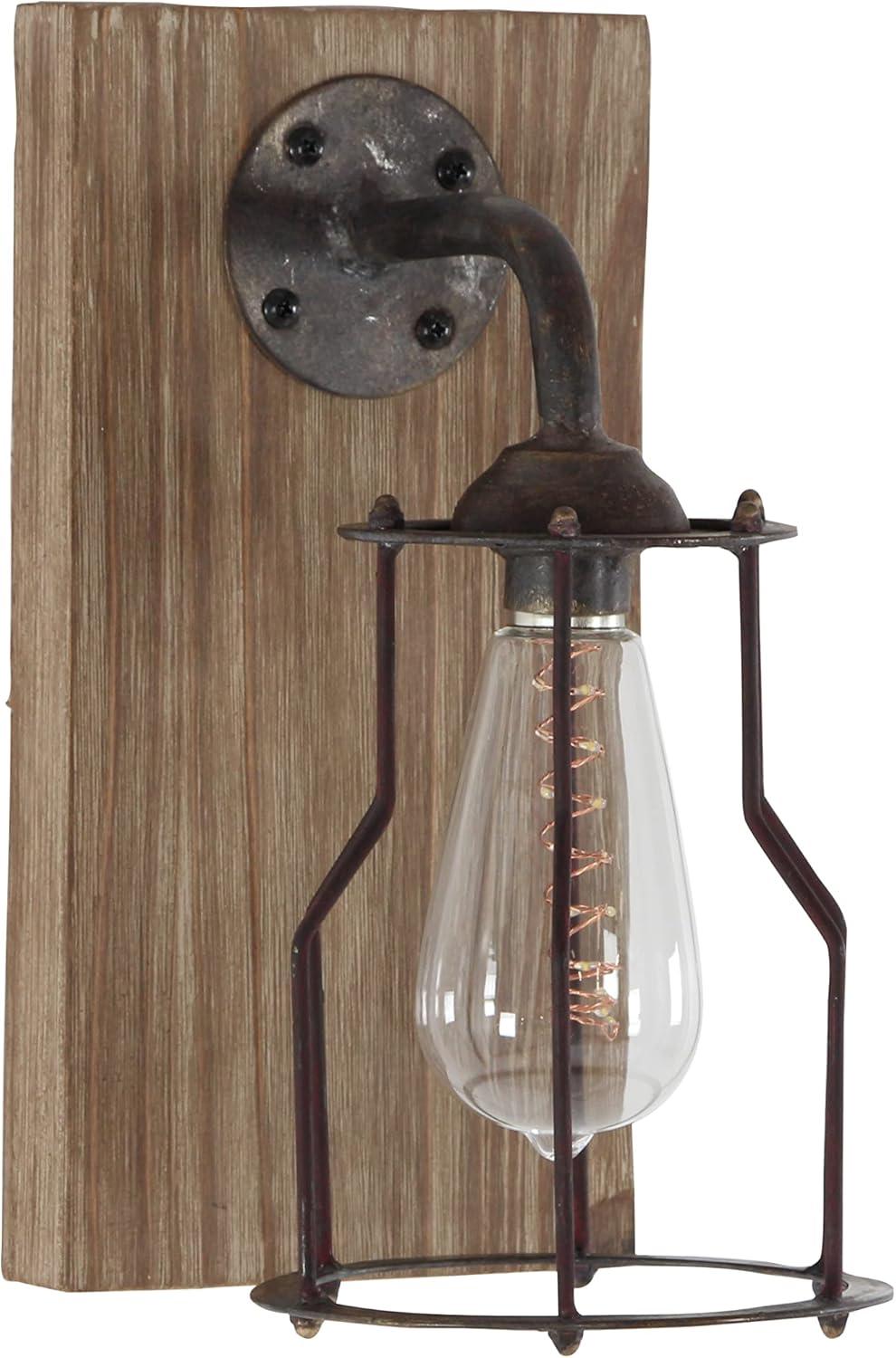 DecMode Industrial Metal Wall Sconce with Wood Backplate and Iron Cage, 6"W x 11"H Features Rustic Brown Finish