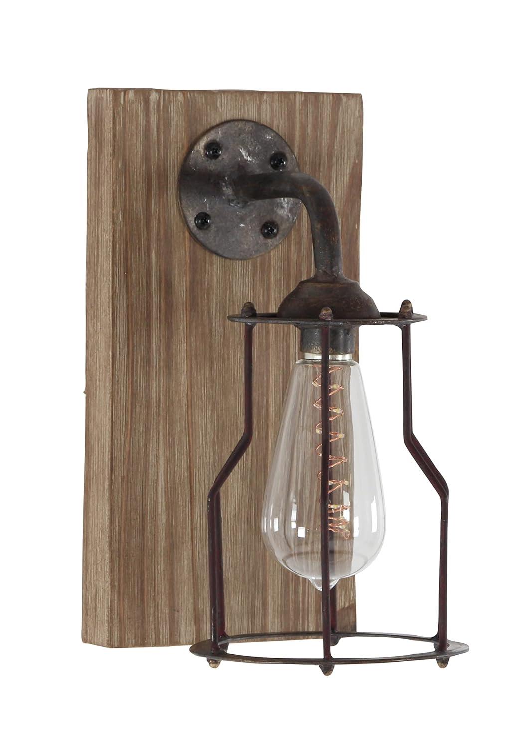 DecMode Industrial Metal Wall Sconce with Wood Backplate and Iron Cage, 6"W x 11"H Features Rustic Brown Finish