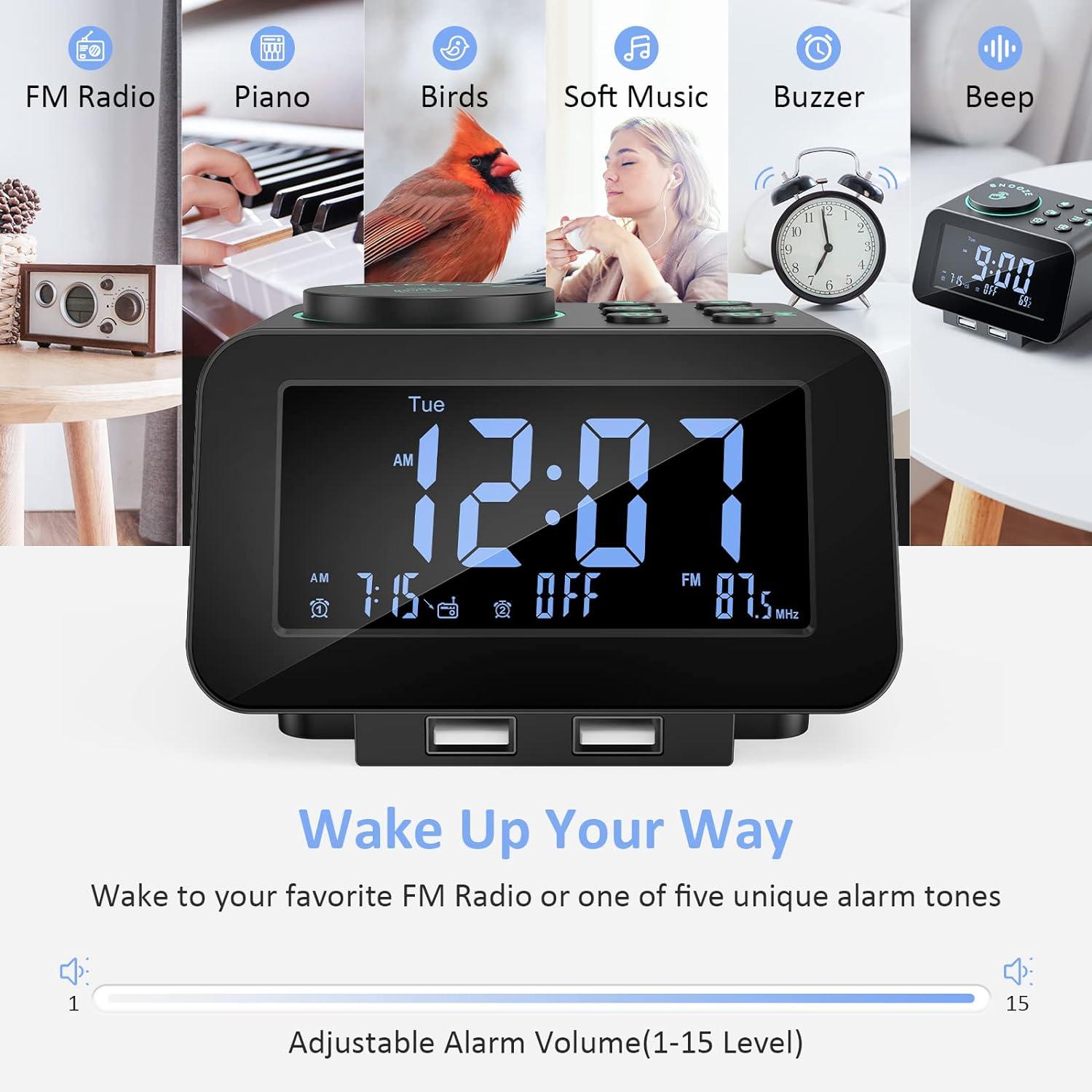 Black Digital Alarm Clock with USB Ports and FM Radio