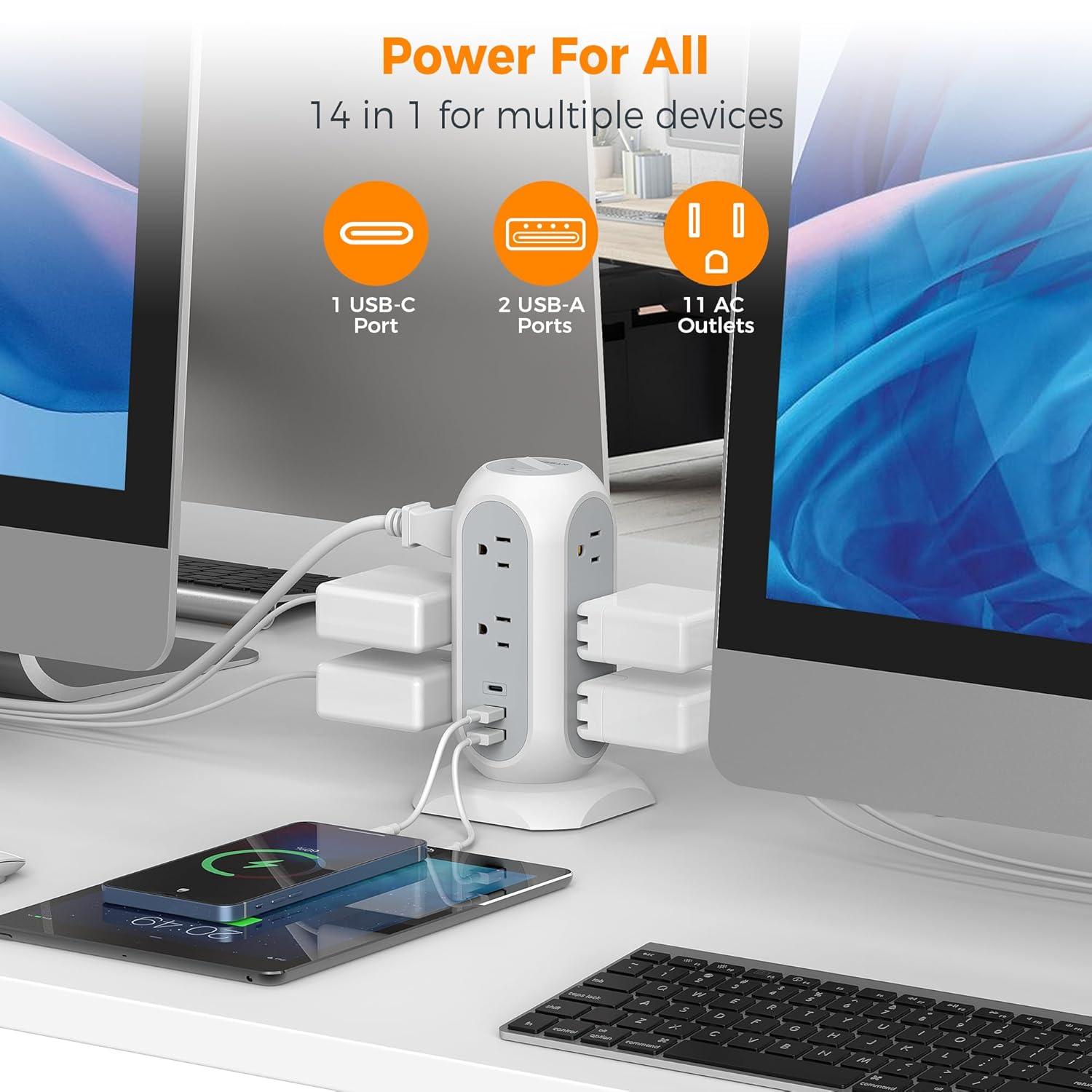 TESSAN Power Strip Tower w/ Surge Protector, 11 AC Outlets, & 3 USB Ports
