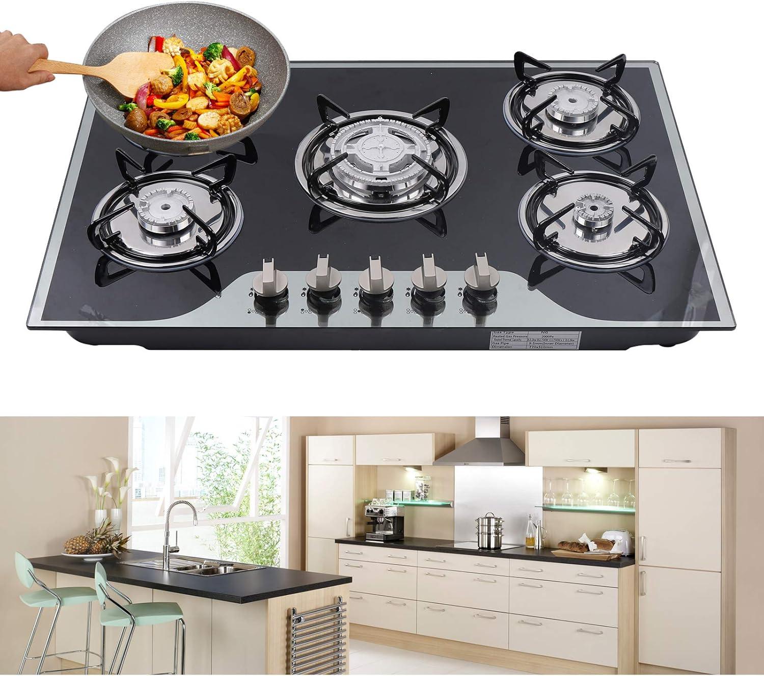 30"  Gas Stove Cooktop, 5 Burners Built-in Tempered Glass LPG/NG Stove with Flameout Protection for Kitchen Black