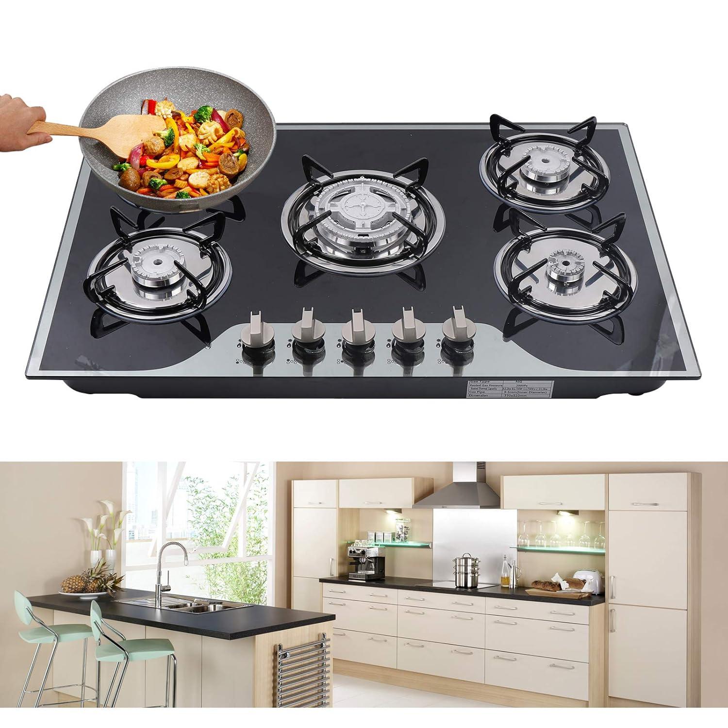 30"  Gas Stove Cooktop, 5 Burners Built-in Tempered Glass LPG/NG Stove with Flameout Protection for Kitchen Black
