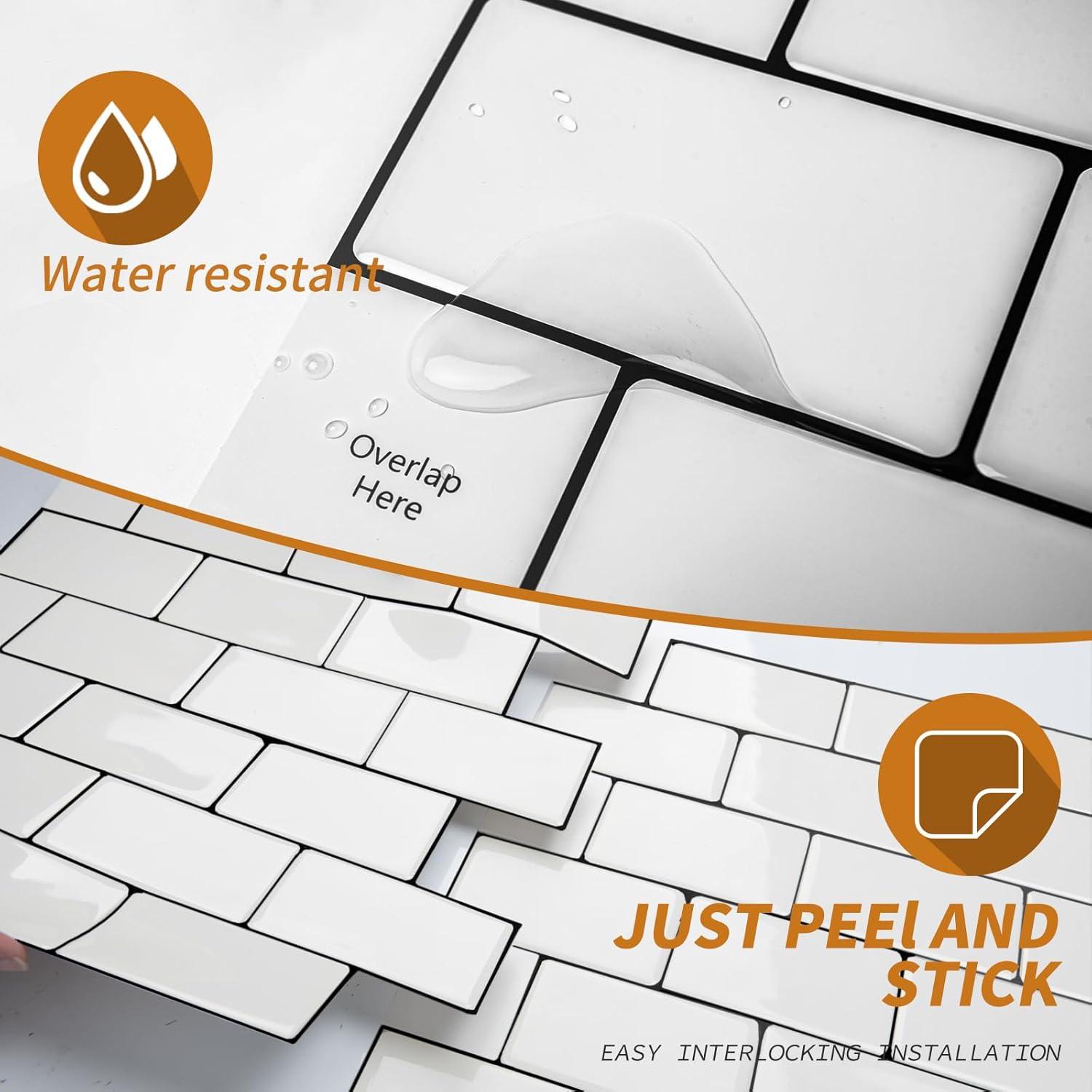 Art3d Peel and Stick Backsplash Tile, 10-Sheet Stick on Subway Tiles for Kitchem, Bathroom Back Splashes, 12"x12", Warm White with Black Grout