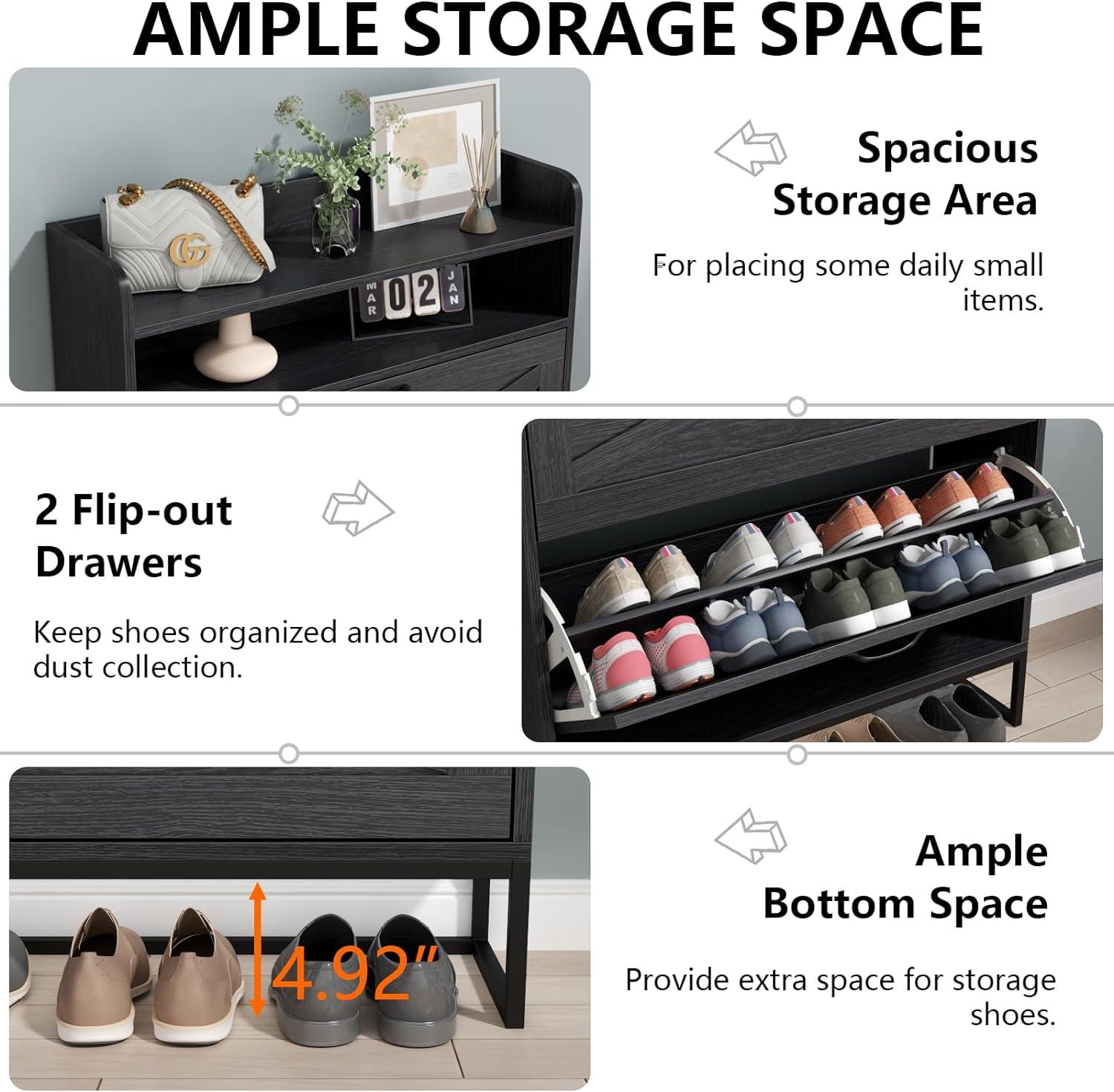 Shoe Cabinet with 2 Flip Drawers, Free Standing Tipping Bucket Shoe Rack Organizer with Adjustable Shelf, Shoe Storage Cabinet