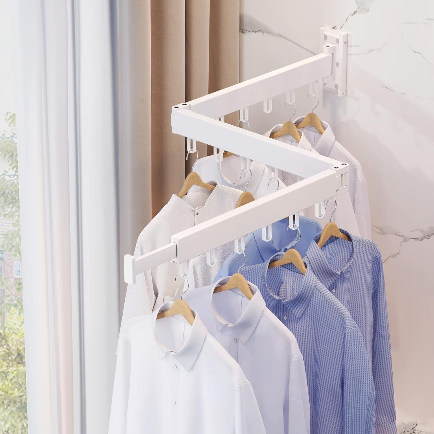 Dr.DJ Clothes Drying Rack for Laundry, Retractable Clothes Hanger Rack Wall Mounted Folding Indoor, Drying Rack, Space Saver Clothes Rack,Collapsible (Tri-Fold) with 18 J-Hooks Laundry Rack White