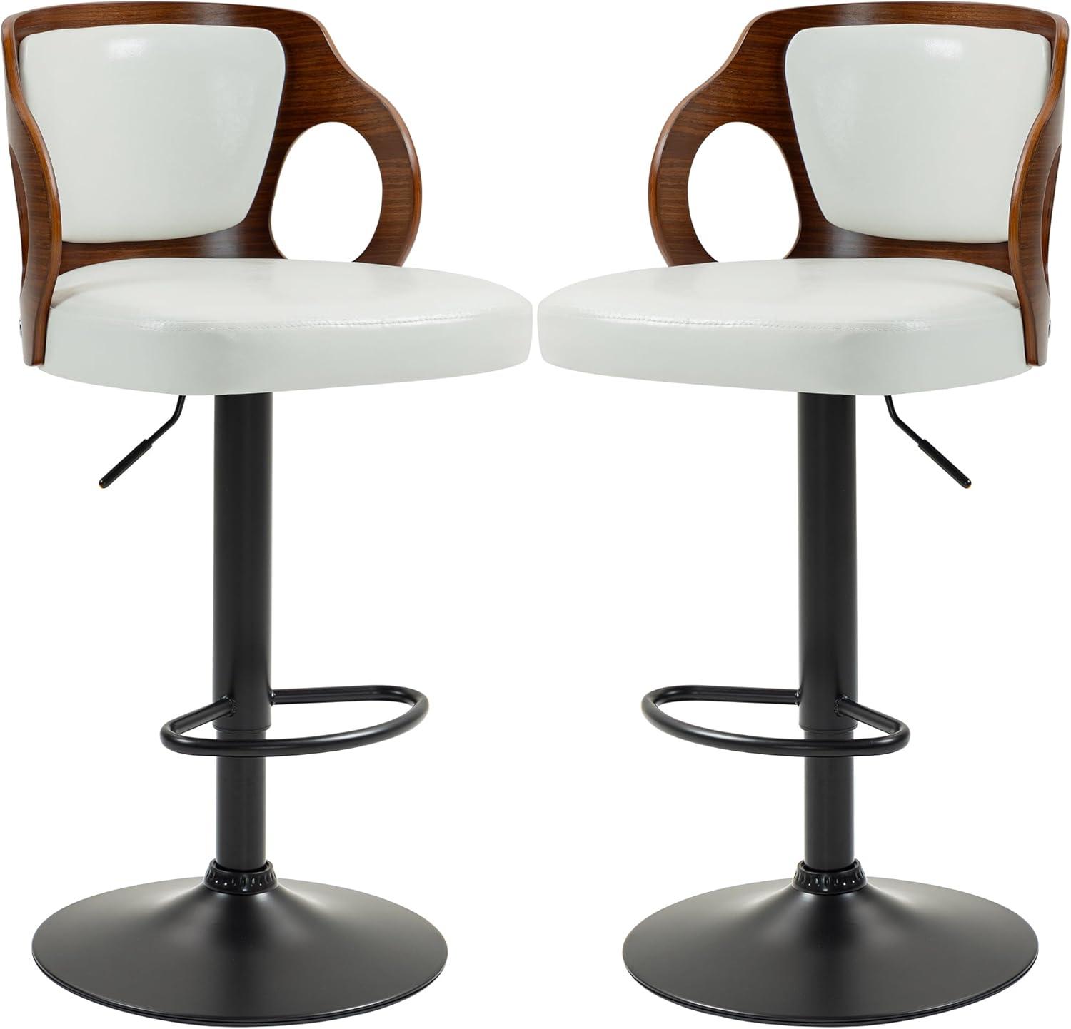 Adjustable White Faux Leather Swivel Bar Stools with Arms