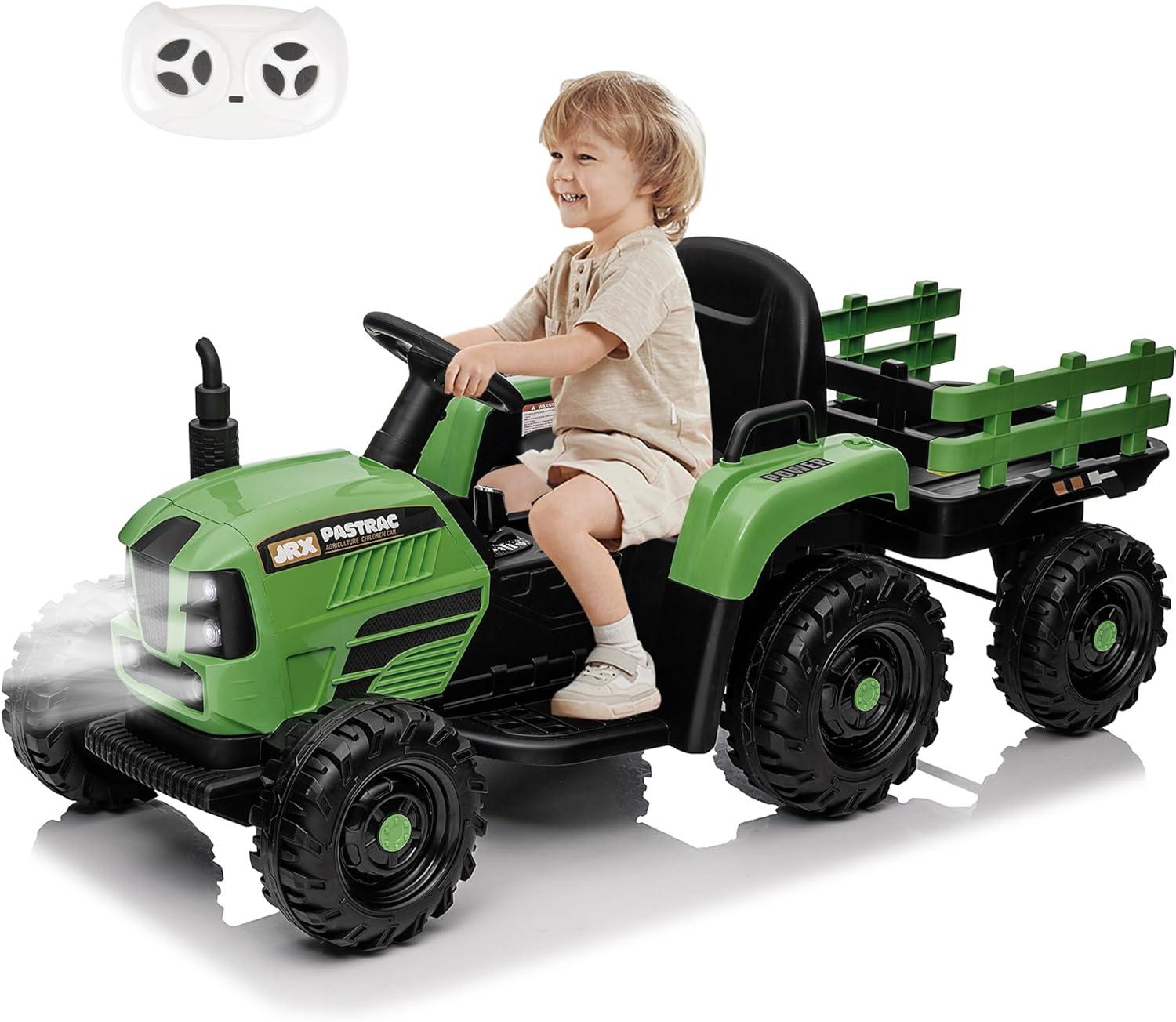 HNH 12V Ride on Tractor with Trailer,12V Battery Powered Electric Tractor Toy with Remote Control,Electric Car for Kids,Three Speed Adjustable,Power Display, Bluetooth,LED Light