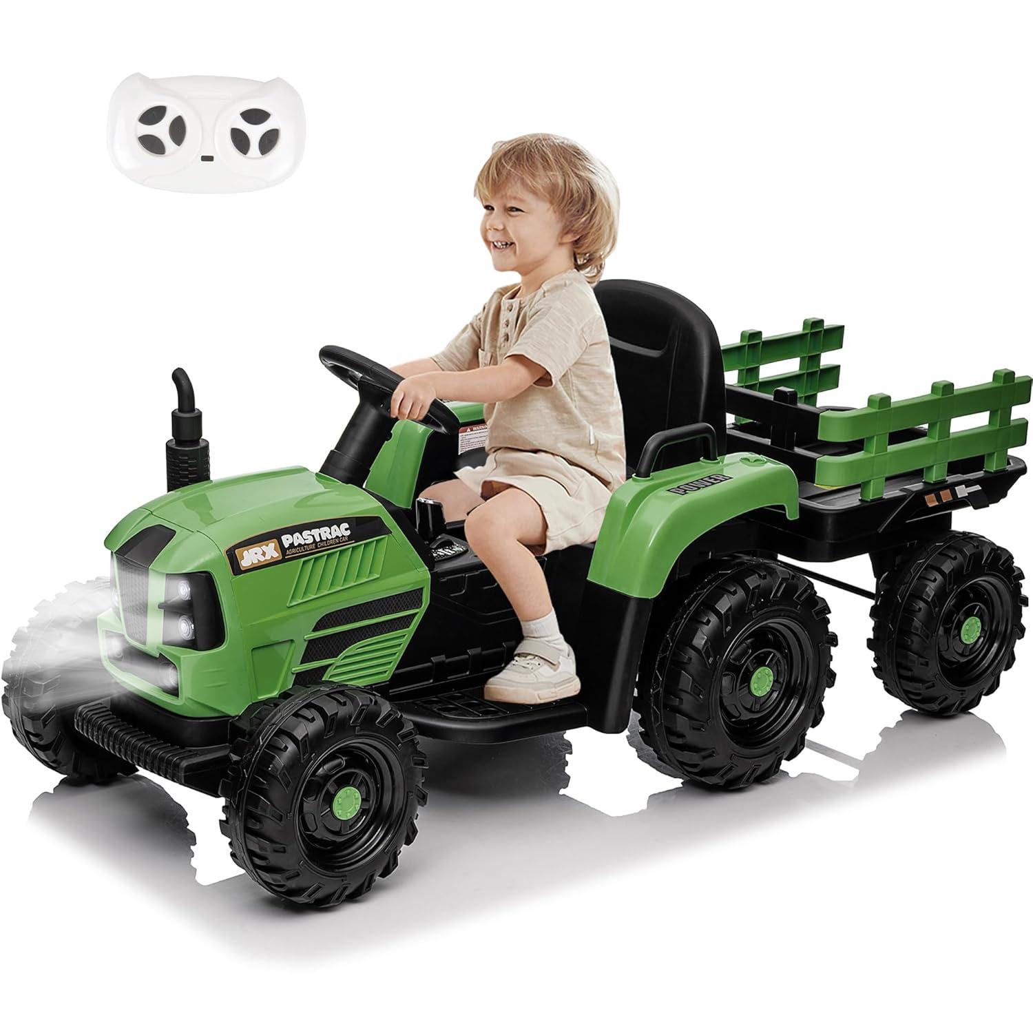 24V 400W Powered Electric Tractor for Kids, 3-Speed Ride On Tractor with Remote Control, USB/MP3/Bluetooth, LED Lights, Safety Belt, 1.86-4.97 MPH，Green