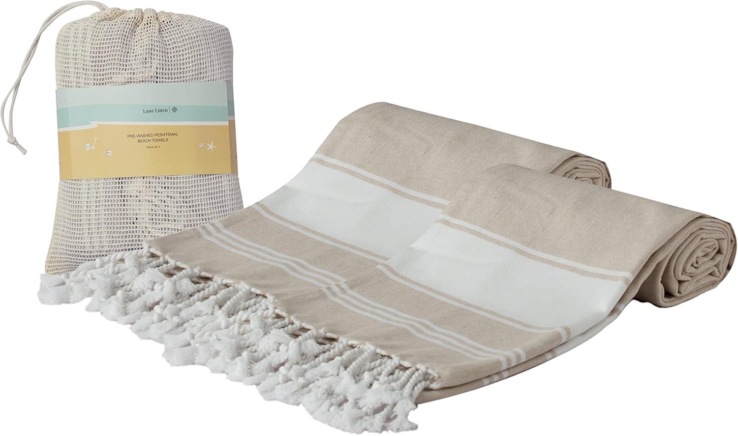 LANE LINEN Oversized Beach Towels, 2 Pack Turkish Towel Set for Adults, Lightweight, Quick Dry, Absorbent & Sand Proof, 39"x71" Pool Towels – Beige