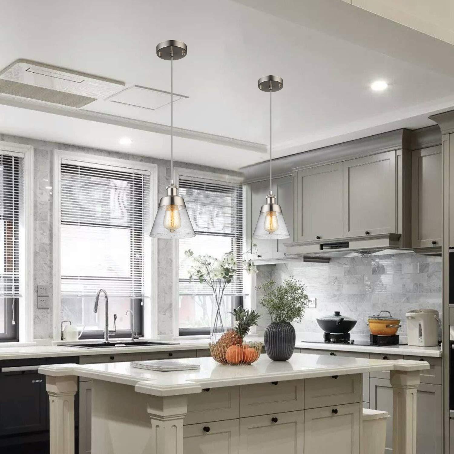 Modern Glass Pendant Light with Handblown Clear Seeded Glass Shade, One-Light Adjustable Industrial Mini Pendant Lighting Fixture for Kitchen Island Cafe Bar, Brushed Nickel