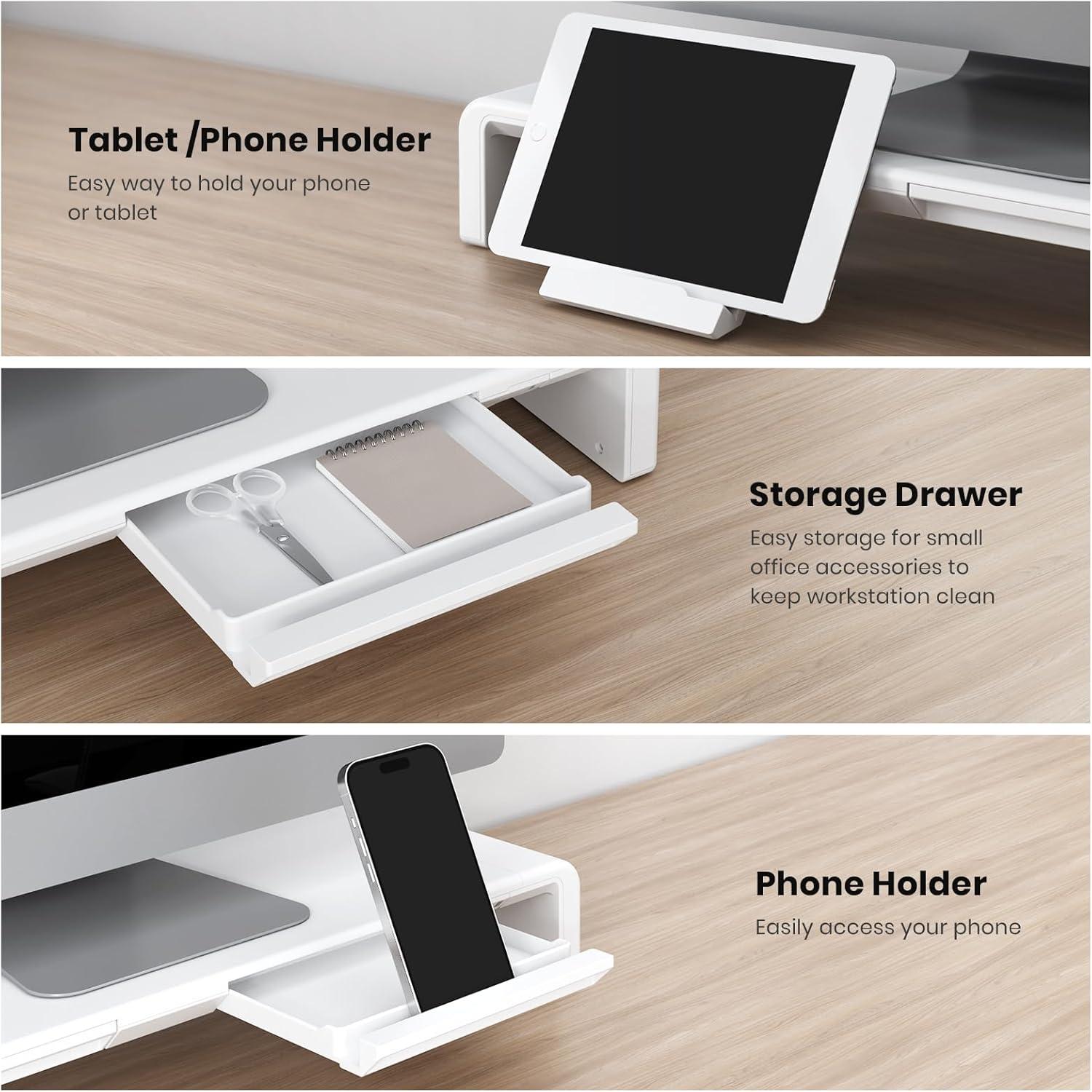 White Adjustable Foldable Monitor Stand with Storage Drawer