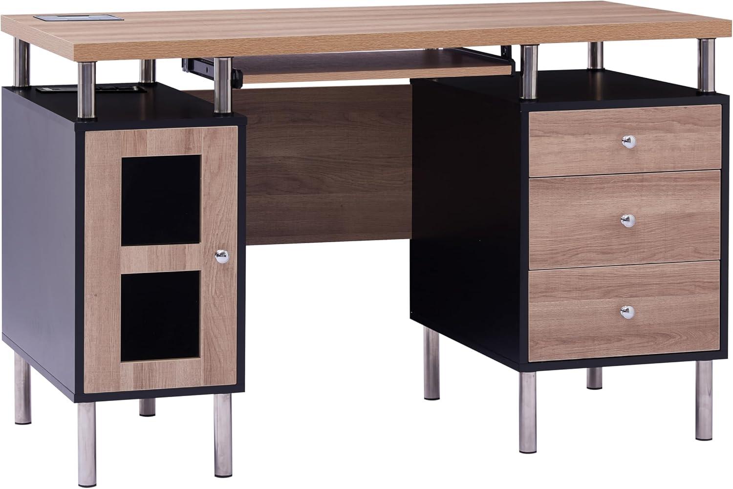 Black and Natural Wood Writing Desk with Drawers, Power Outlets, and USB Ports