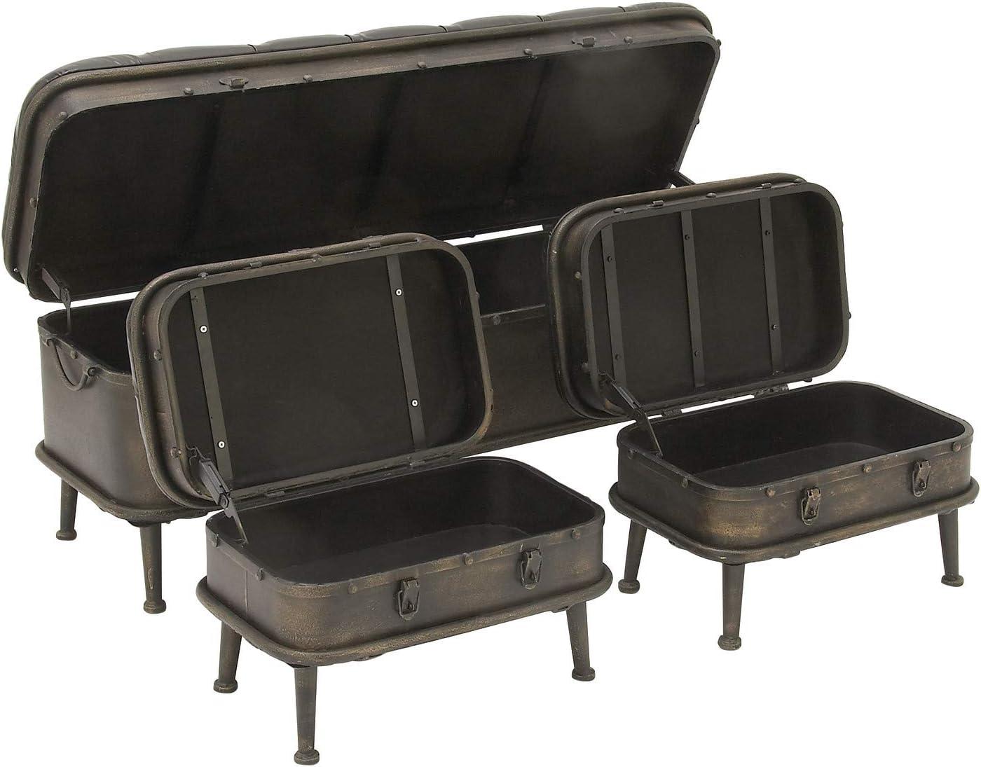 DecMode Metal Storage Bench with Tufted Faux Leather, Brown, Set of 3
