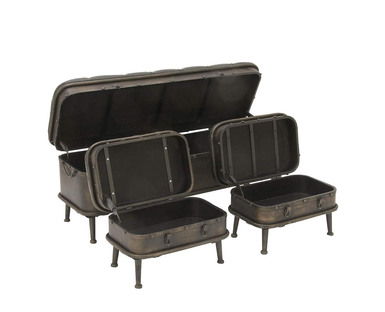 DecMode Metal Storage Bench with Tufted Faux Leather, Brown, Set of 3
