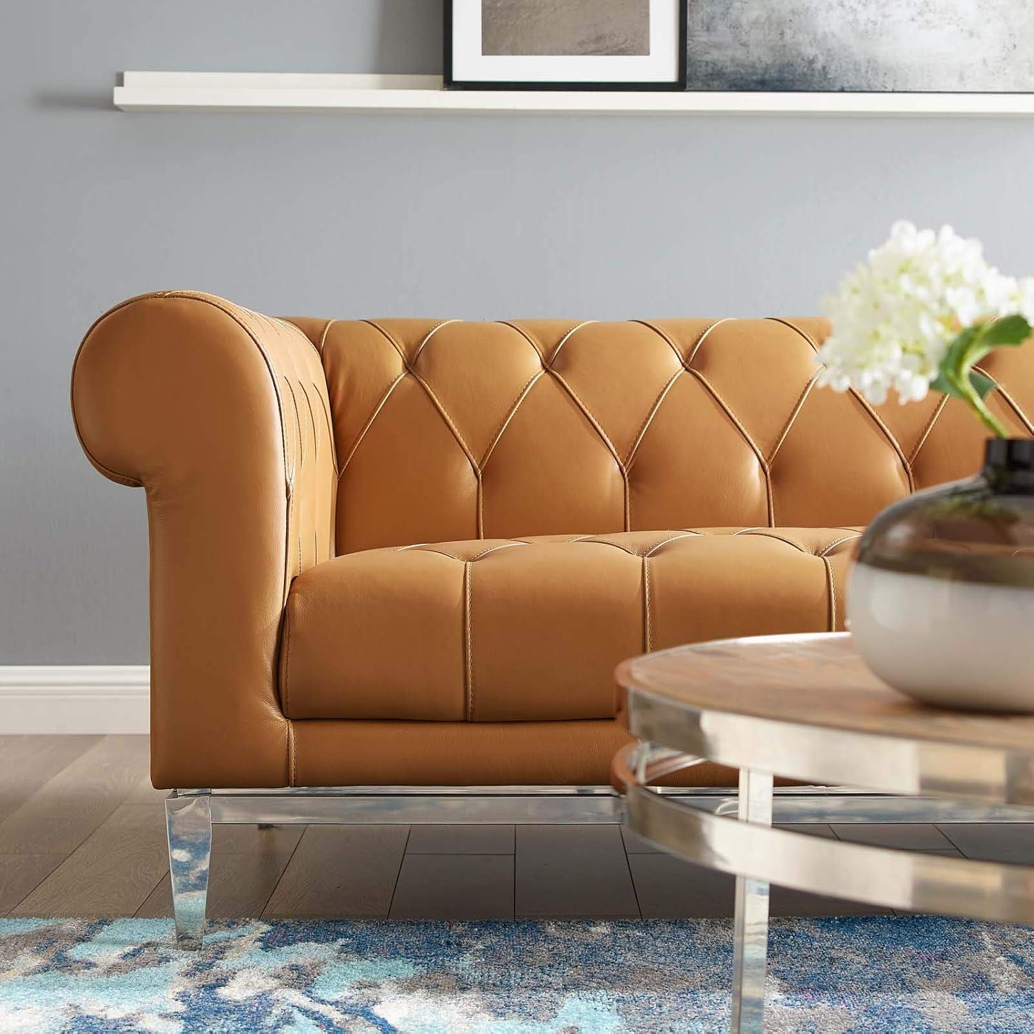 Modway Idyll Tufted Button Upholstered Leather Chesterfield Sofa in Tan