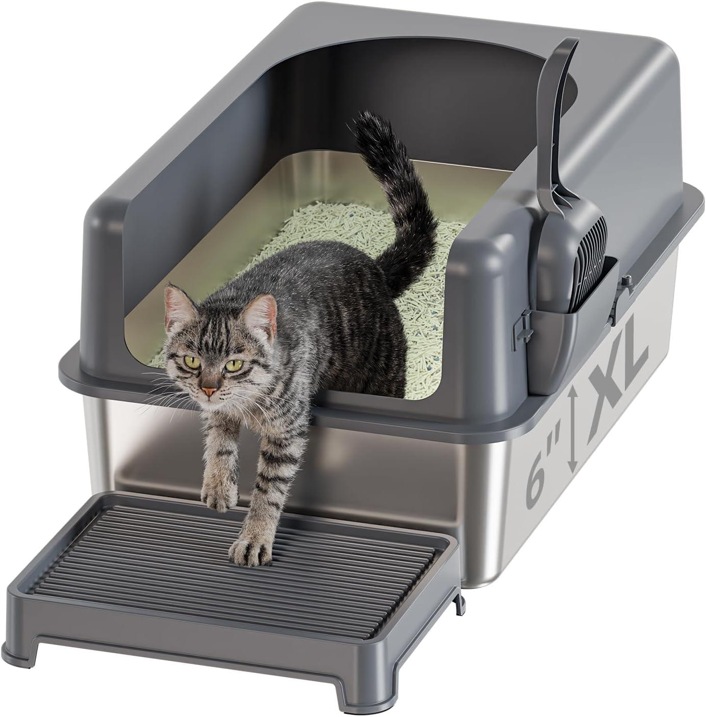 Enclosed Stainless Steel Cat Litter Box with Lid Extra Large Litter Box for Big Cats XL Metal Litter Pan Tray with High Wall Sides Enclosure, Non-Sticky, Anti-Leakage, Easy Cleaning