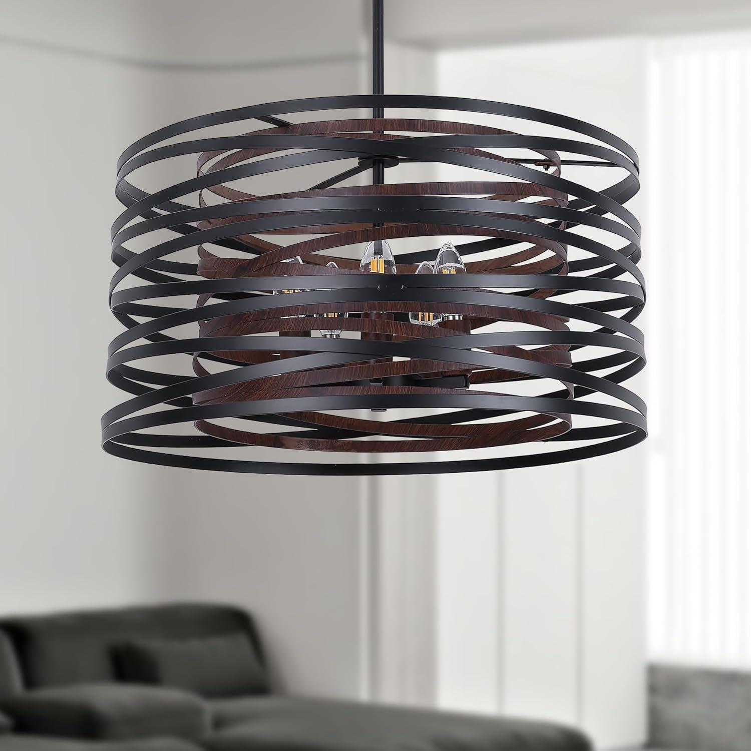 Dining Room Lighting Fixture, 5-Light Farmhouse Black Chandelier Drum Light, Round Metal with Retro Wood Texture Interior, E12 Bulbs Not Included