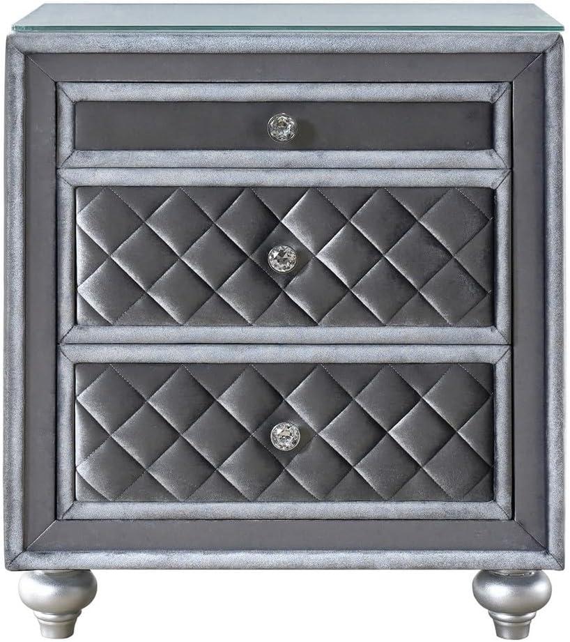 Benjara BM300868 30 in. Glass Top Crystal Knobs & Velvet Yin 3 Drawer Nightstand, Gray