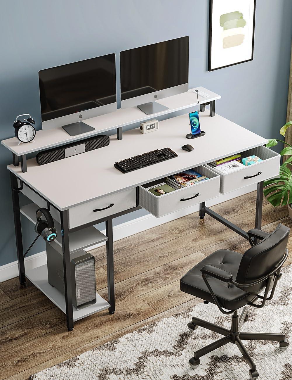 White Rectangular Engineered Wood Computer Desk with Drawers and LED Light