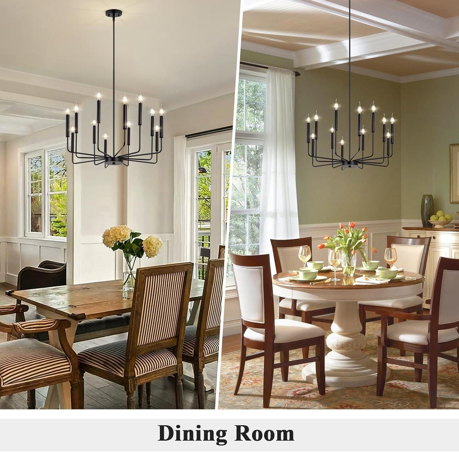 Vikaey Metal Black Chandelier, 12-Light Farmhouse Classic Candle Ceiling Hanging Light Fixture, Rustic Pendant Lighting for Kitchen Island, Dining Room, Living Room, Stair, UL Listed