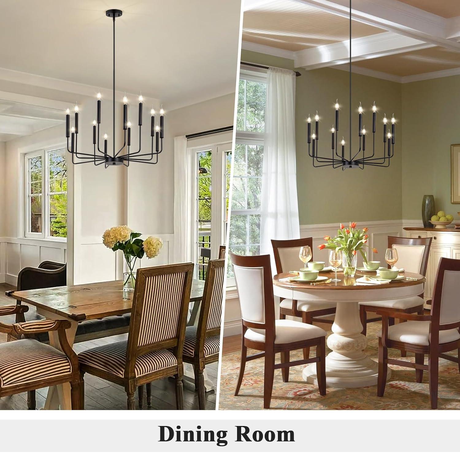 Vikaey Metal Black Chandelier, 12-Light Farmhouse Classic Candle Ceiling Hanging Light Fixture, Rustic Pendant Lighting for Kitchen Island, Dining Room, Living Room, Stair, UL Listed