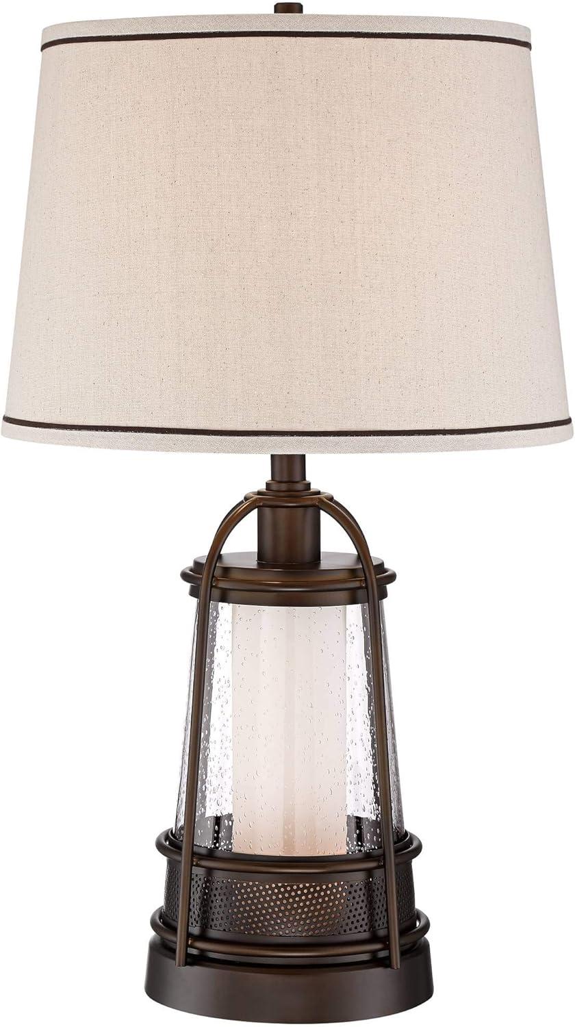 Franklin Iron Works Hugh Industrial Rustic Table Lamp 26" High Bronze Metal Seeded Glass with LED Nightlight Off White Shade for Bedroom Living Room