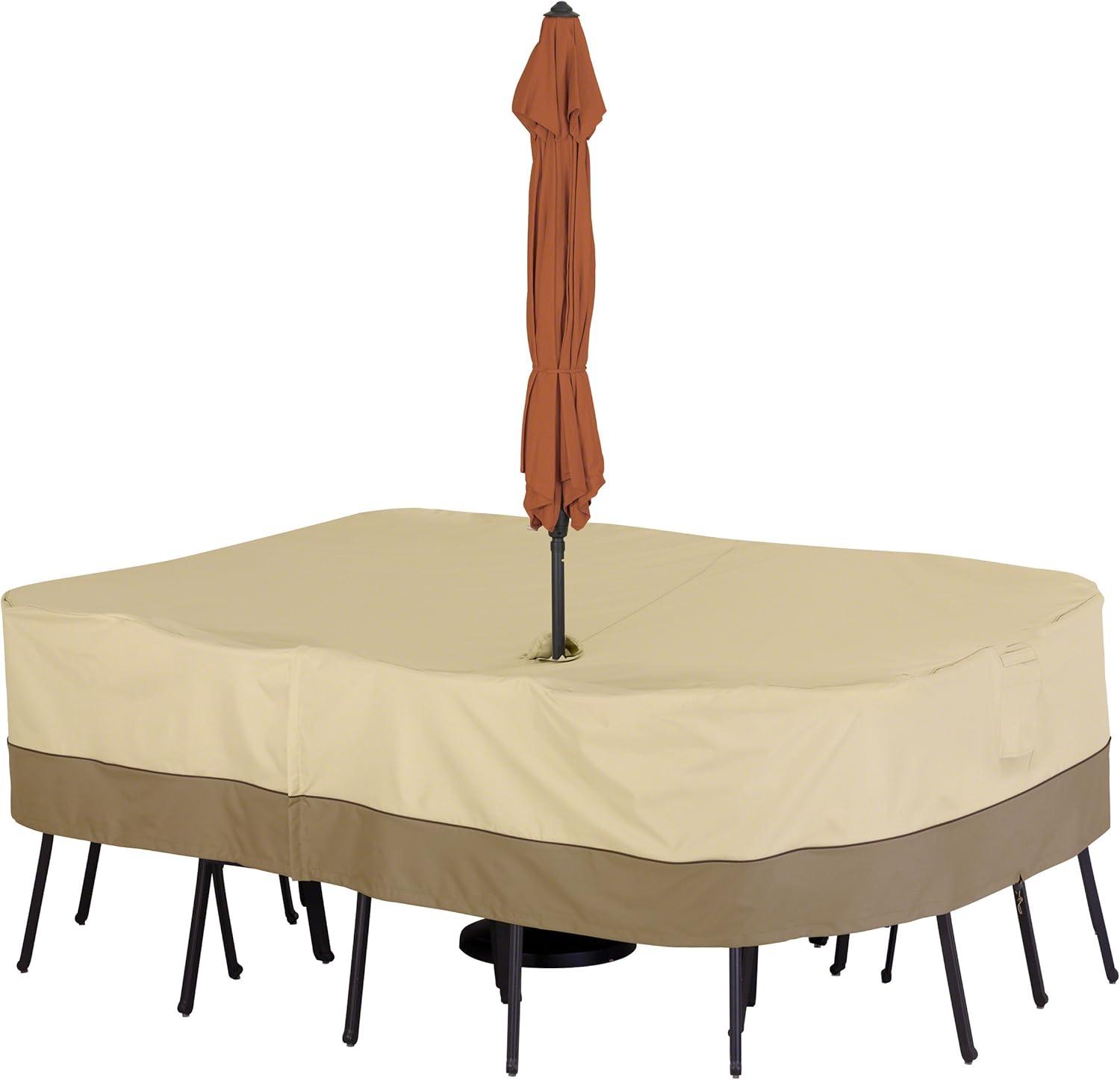 Large Tan and Brown Polyester Patio Table Cover with Umbrella Hole