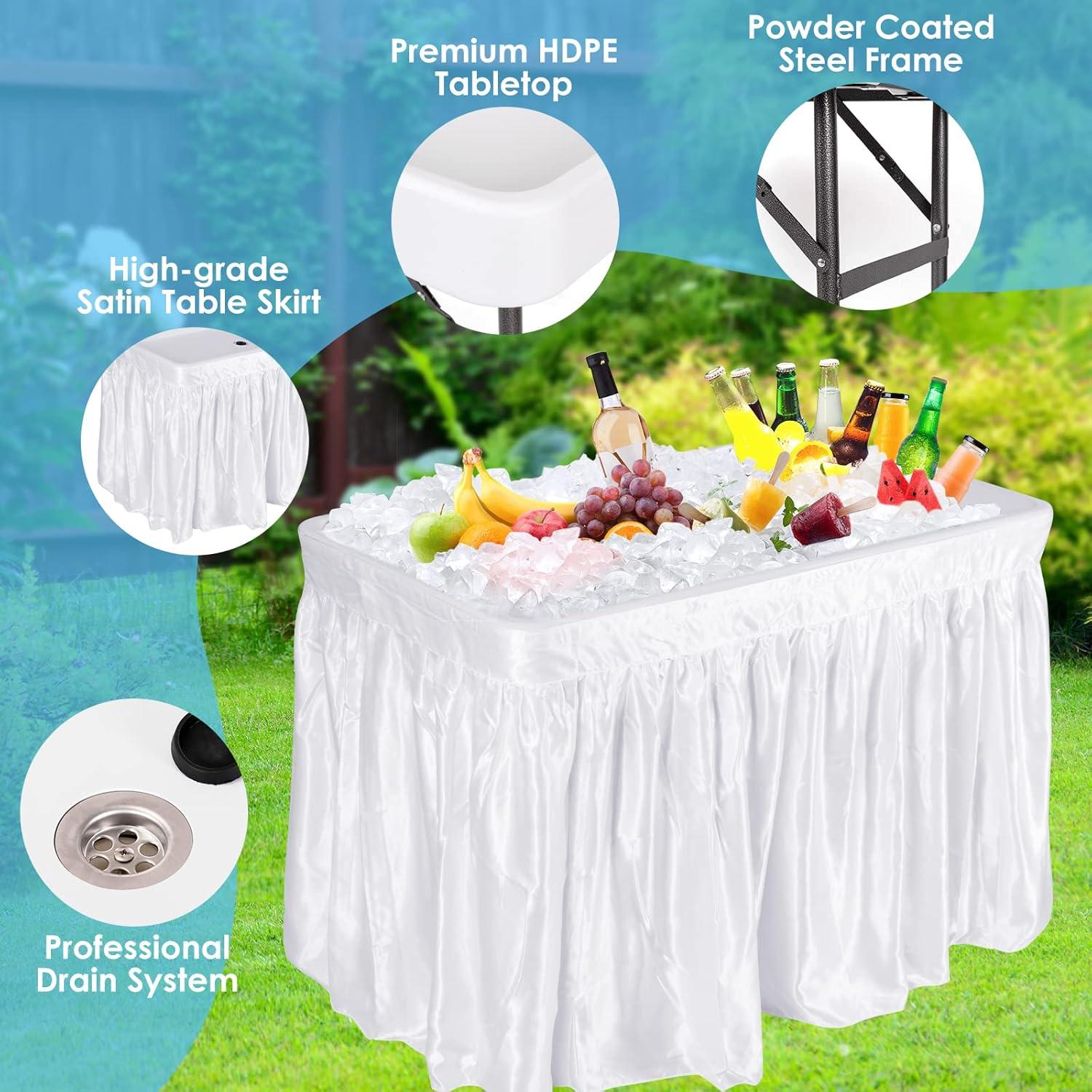 KOTEK Folding Ice Cooler Table with Matching Skirt & Drain Hose, Foldable Beverage Cooler Table Buffet Cooler Server, Portable Chill Table for Party, Picnic, BBQ, Camping