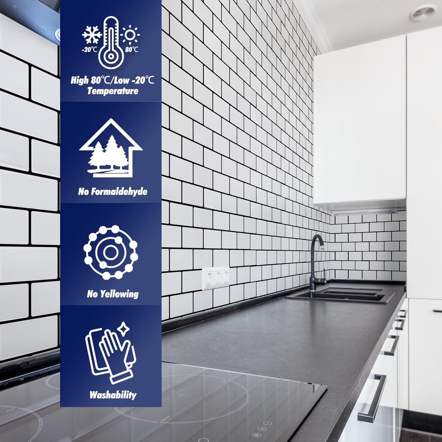 Art3d Peel and Stick Backsplash Tile, 10-Sheet Stick on Subway Tiles for Kitchem, Bathroom Back Splashes, 12"x12", Warm White with Black Grout