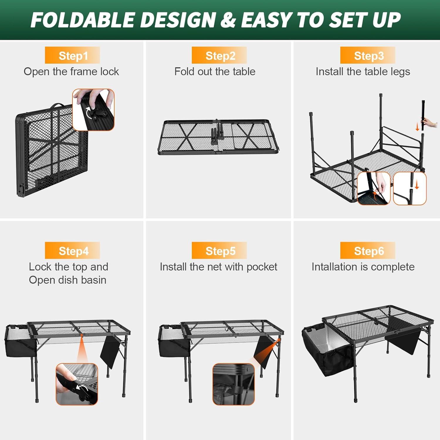 Black Metal Folding Camping Table with Mesh Panels
