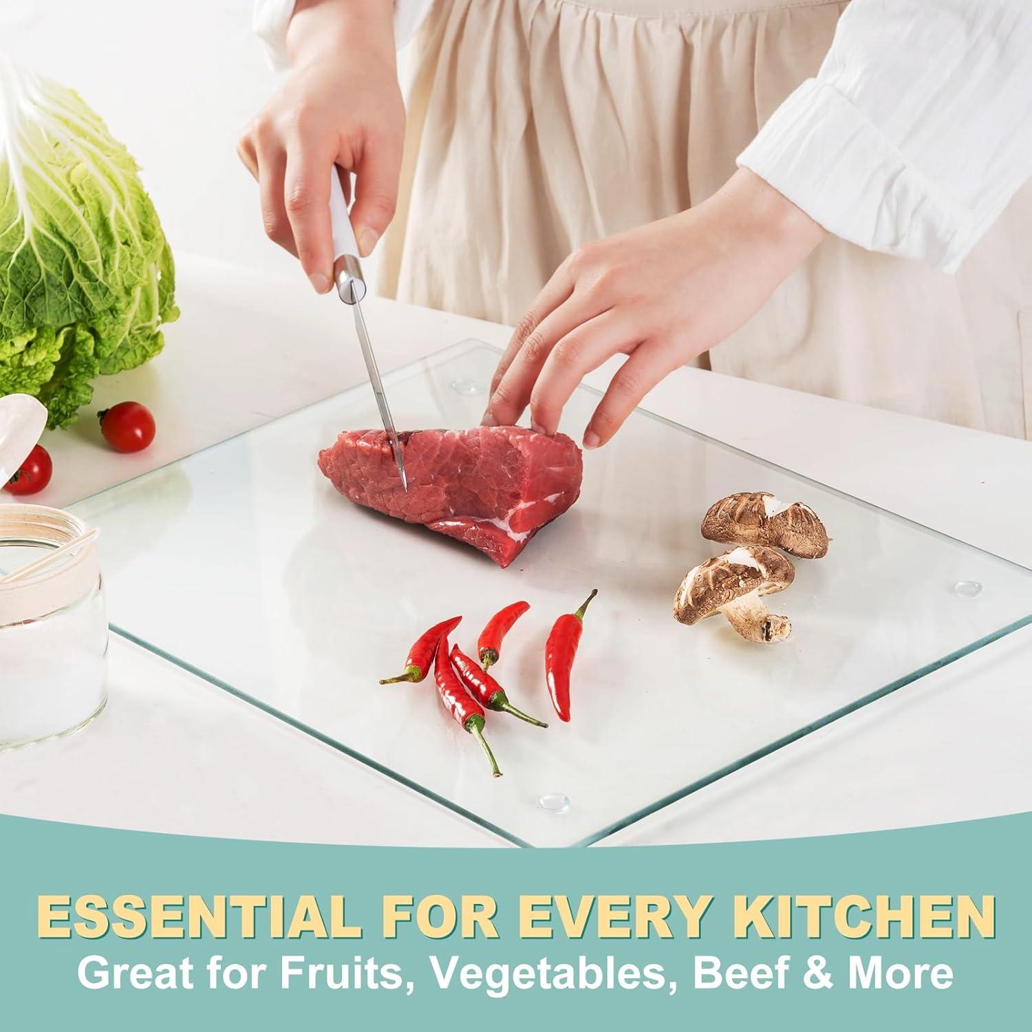 Tempered Glass Cutting Board for Kitchen, Clear Glass Board for Countertop, Heat Resistant, with Non-Slip Feet, 12x16" & 12x8" 2 Pcs Clear