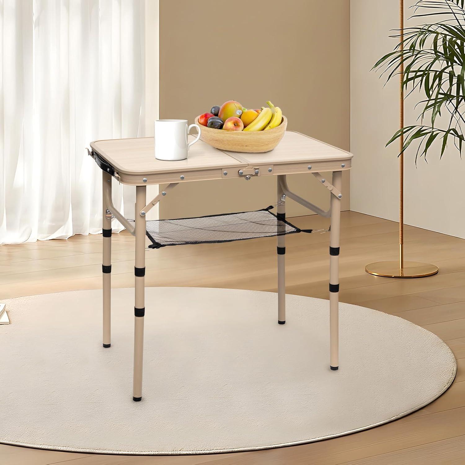 Small Folding Table 2FT Camping Table 3 Adjustable Height Lightweight Portable Aluminum Mini Foldable for Picnic Beach Indoor Outdoor, Yellow