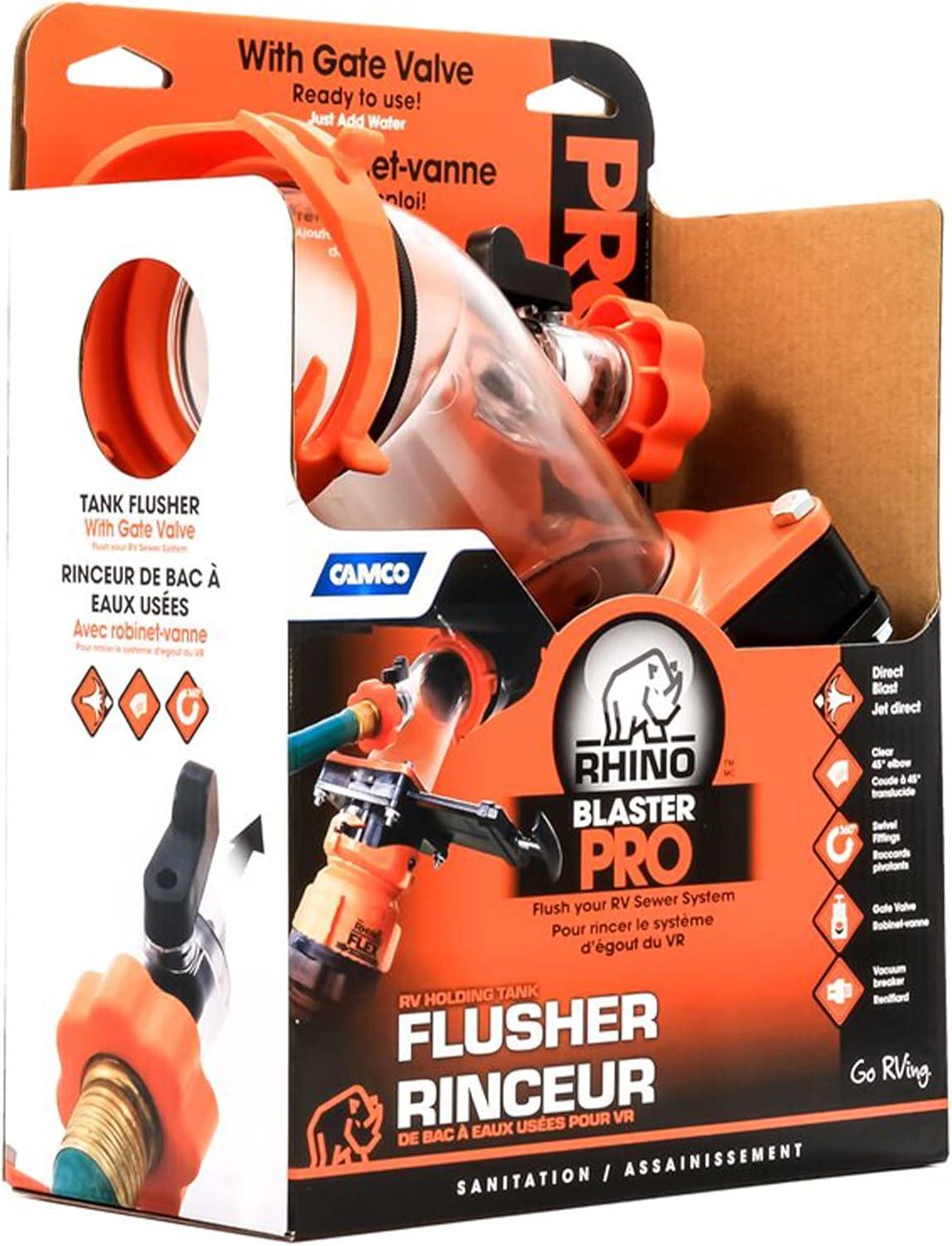 Camco Rhino Blaster Pro Clear Elbow Trailer RV Holding Tank Rinser w/Gate Valve, Vacuum Breaker, & 4-Prong Bayonet Swivel Fitting for Waste Management