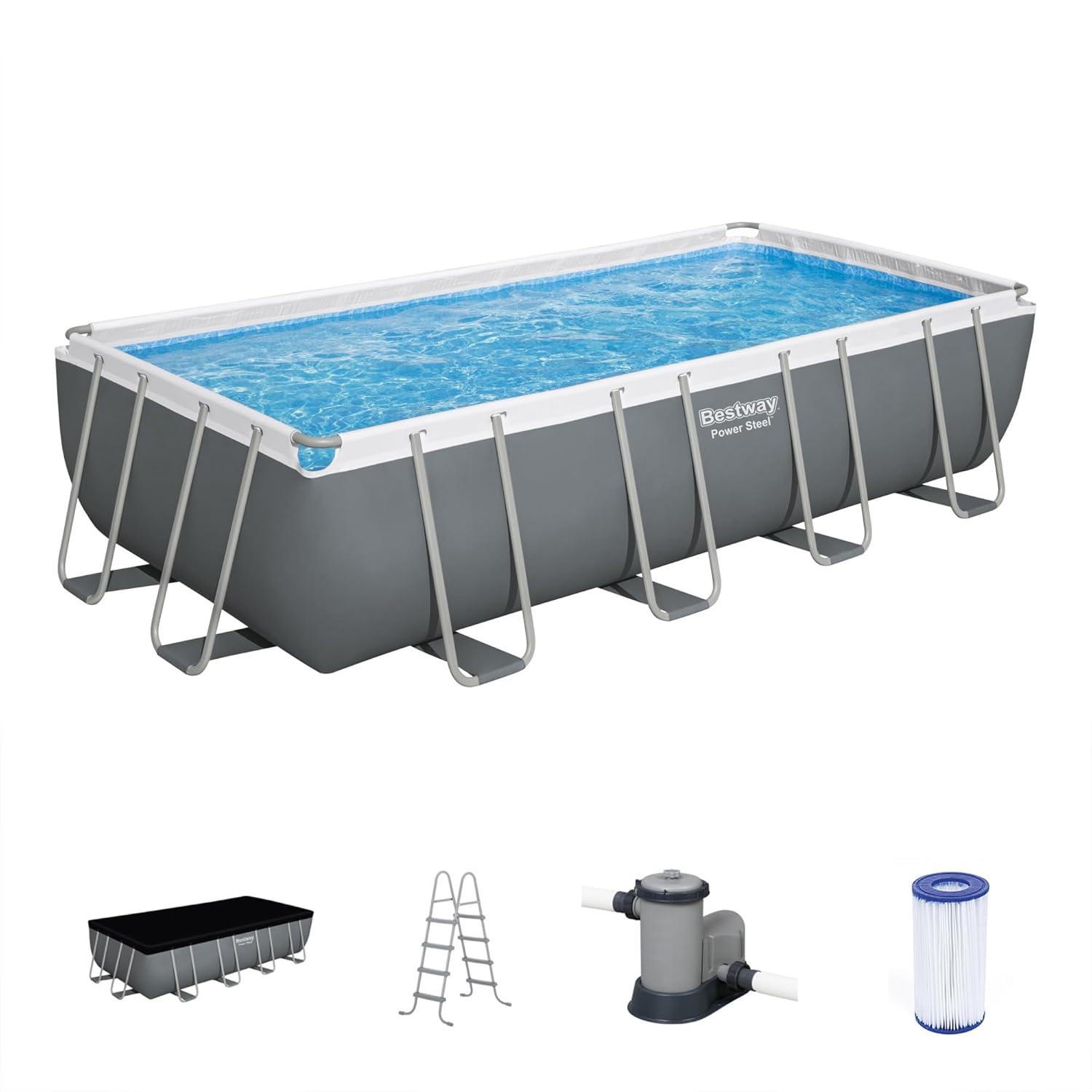 Bestway Power Steel 18' x 9' x 48" Rectangular Metal Frame Above Ground Swimming Pool Set with 1,500 GPH Filter Pump, Ladder, and Pool Cover