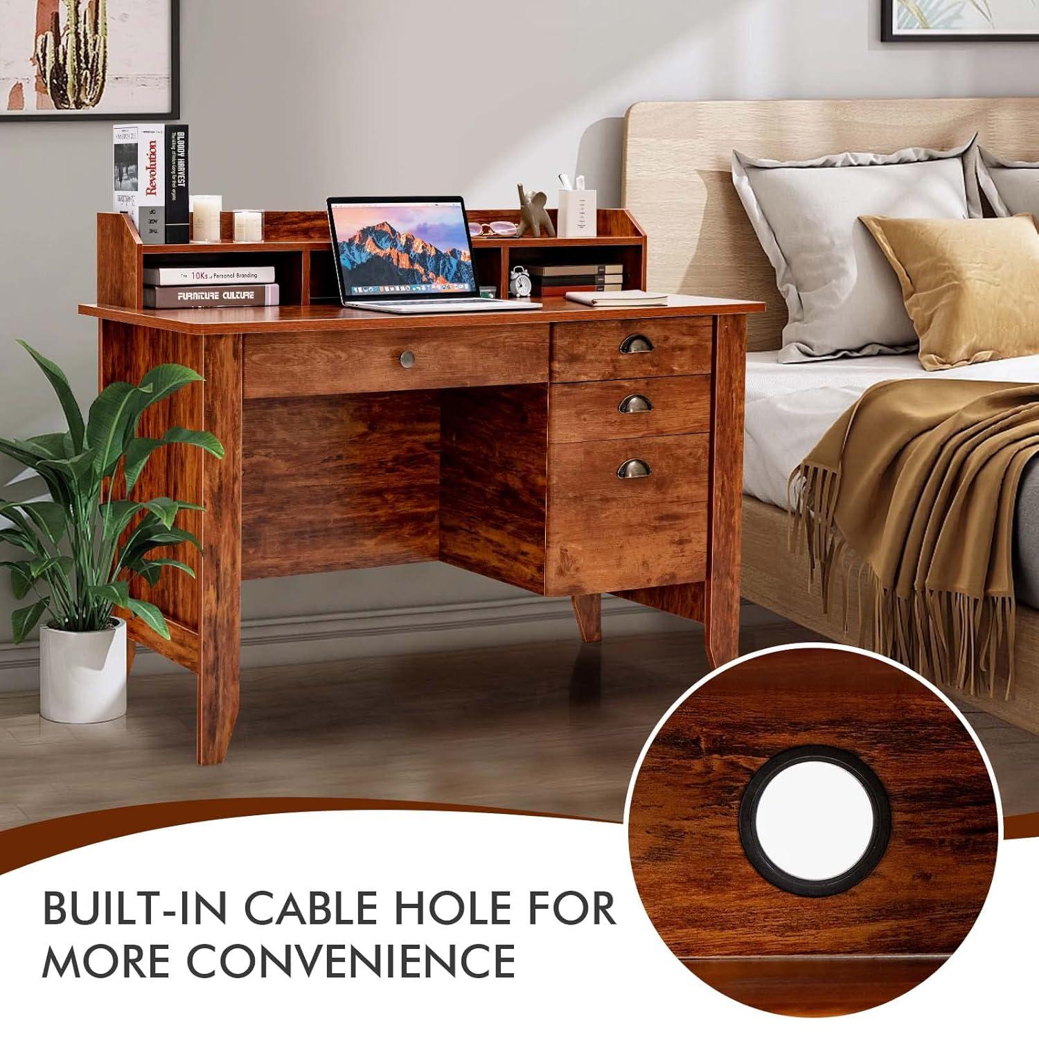 GVN Vintage Computer Desk with Storage Shelves and 4 Drawers-Rustic Brown, Desk for Bedroom, Gaming Computer Desks for Study,Working,Writing