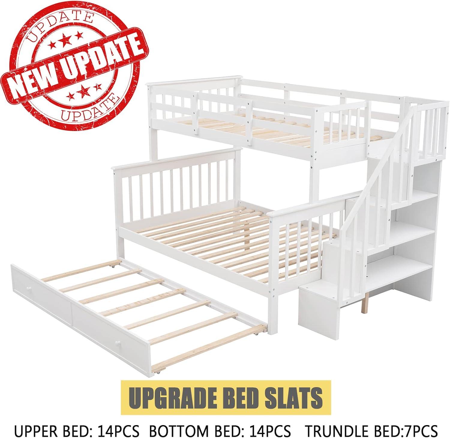 CITYLIGHT Bunk Bed Twin Over Full with Trundle, Bunk Beds with Stairs and Open Shelves, Wooden Stairway Bunk Bed for Kids, Teens,Bedroom, Dorm(White,Twin Over Full)