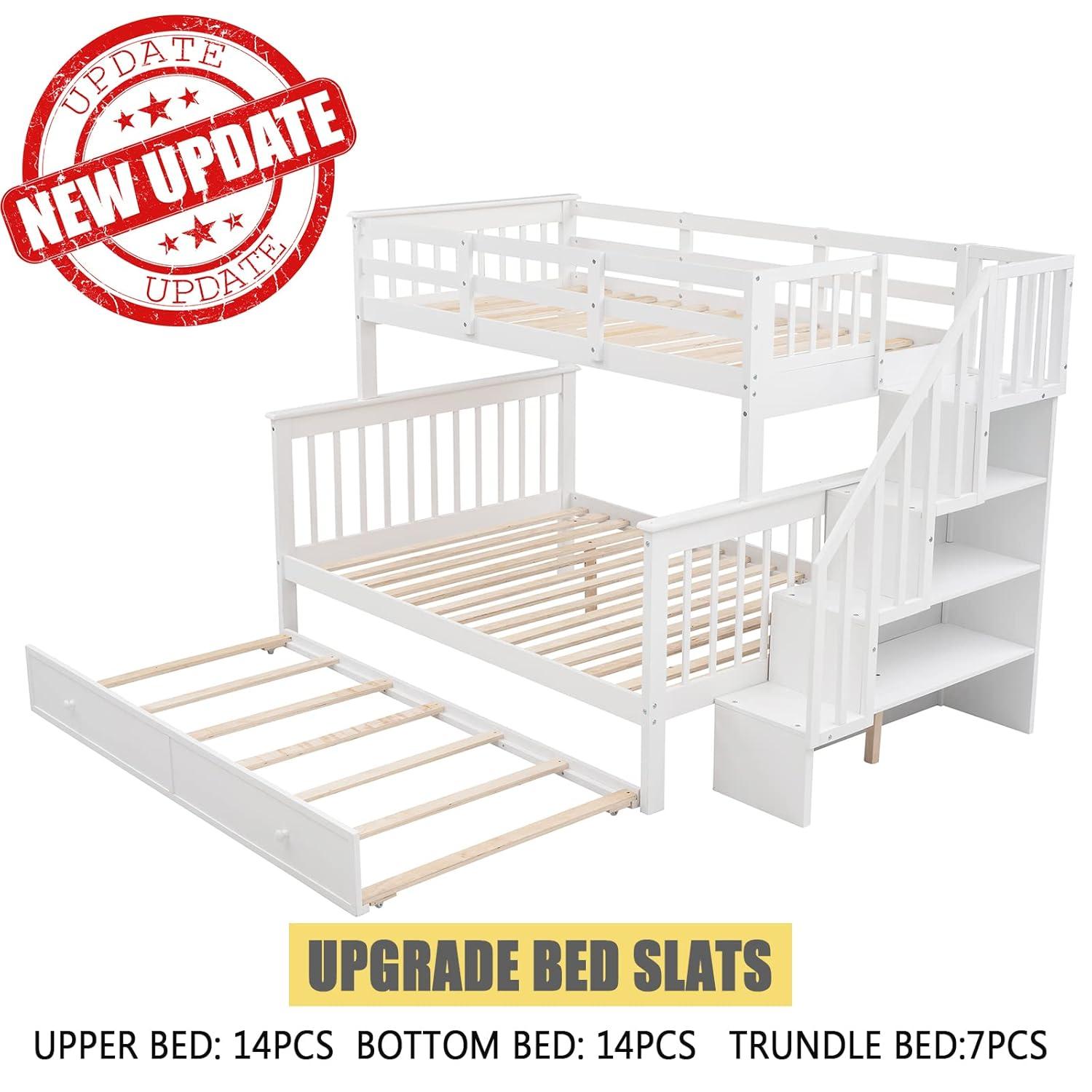 CITYLIGHT Bunk Bed Twin Over Full with Trundle, Bunk Beds with Stairs and Open Shelves, Wooden Stairway Bunk Bed for Kids, Teens,Bedroom, Dorm(White,Twin Over Full)