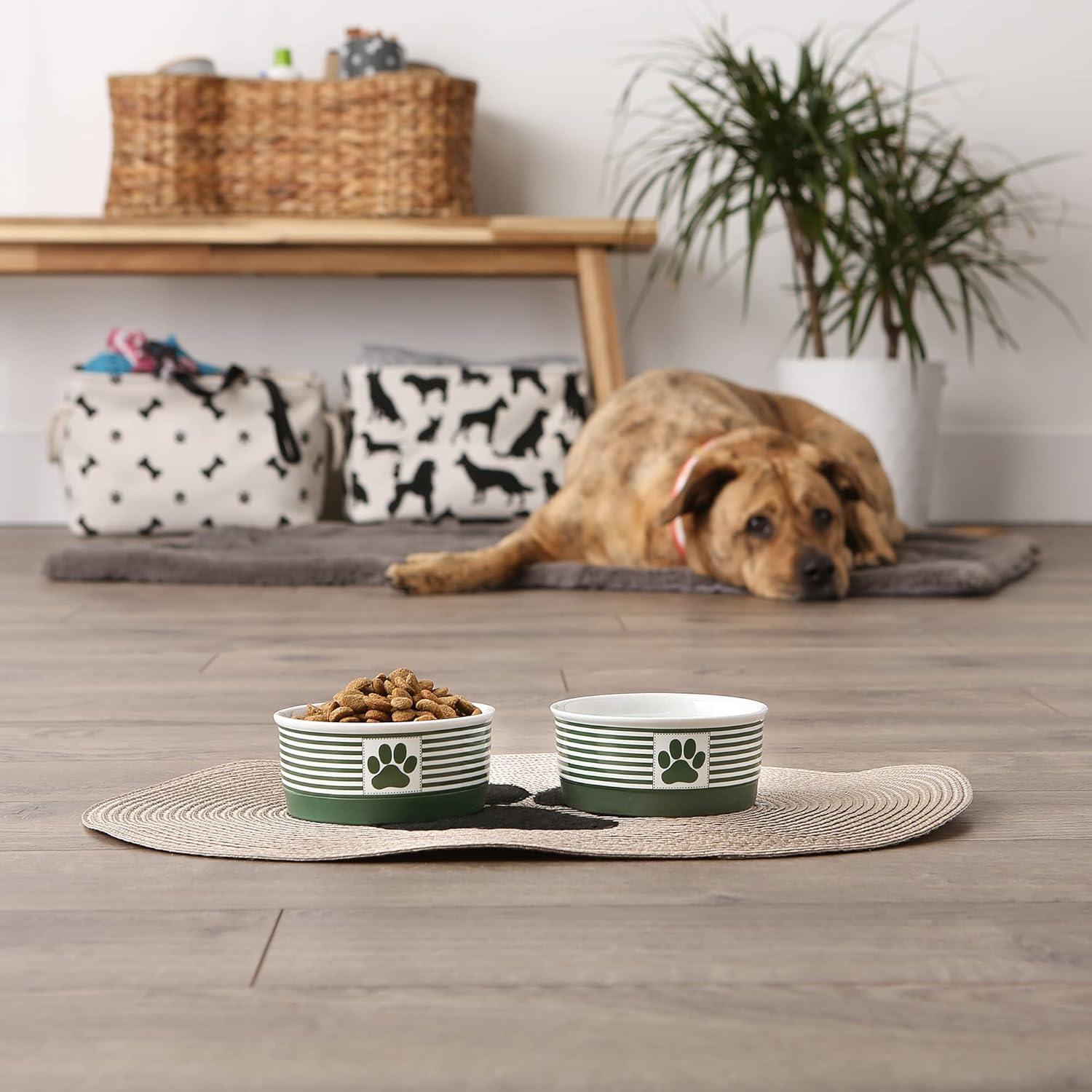 Bone Dry Chevron Ceramic Pet Bowls, Dishwasher Safe, Green, Small Bowl Set, 4.25x2", 2 Count