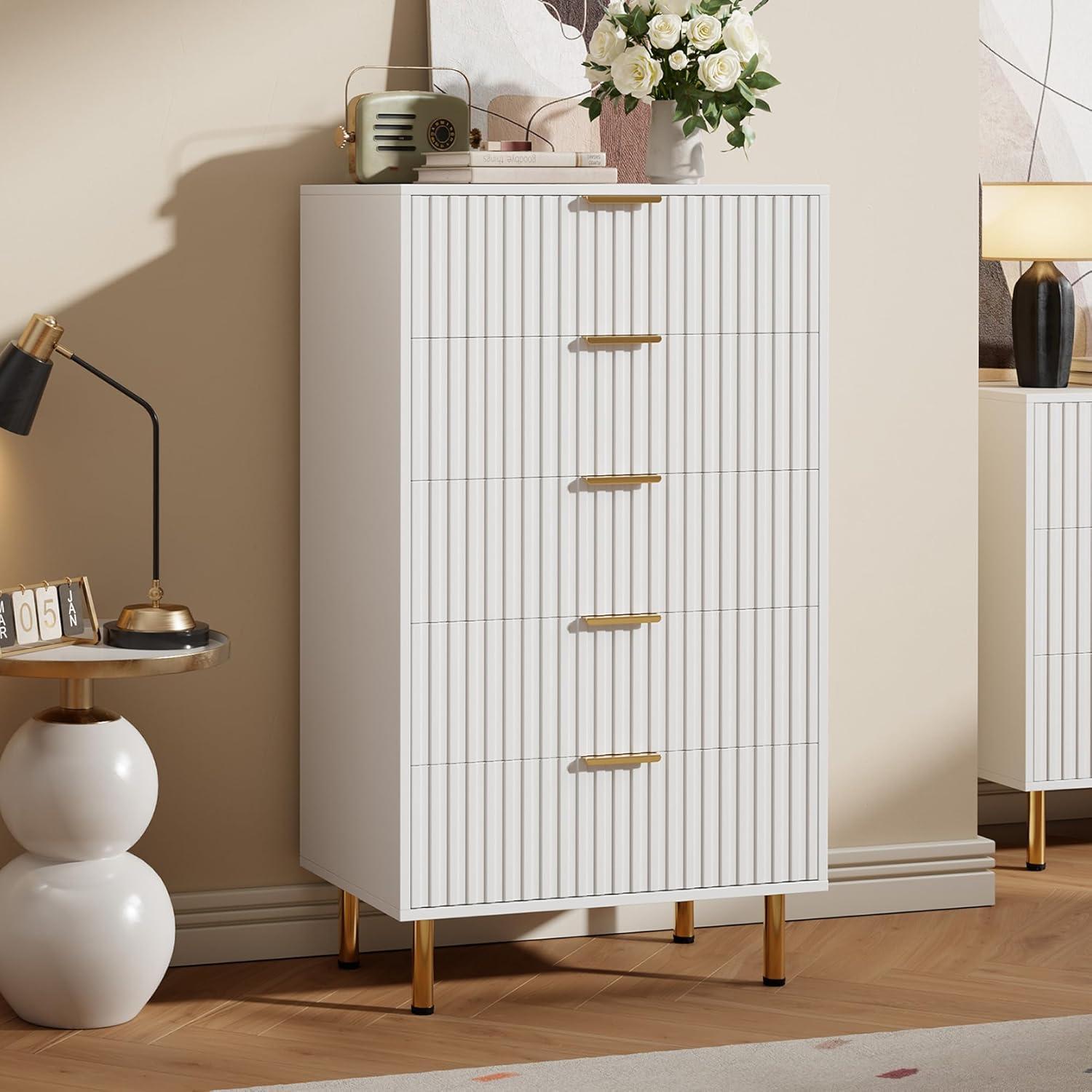 Garvee Fluted 5 Drawer Dresser for Bedroom, 48" Tall Modern Chest of Drawers, Wooden Dresser Organizer for Living Room, Hallway, Kids Room, White