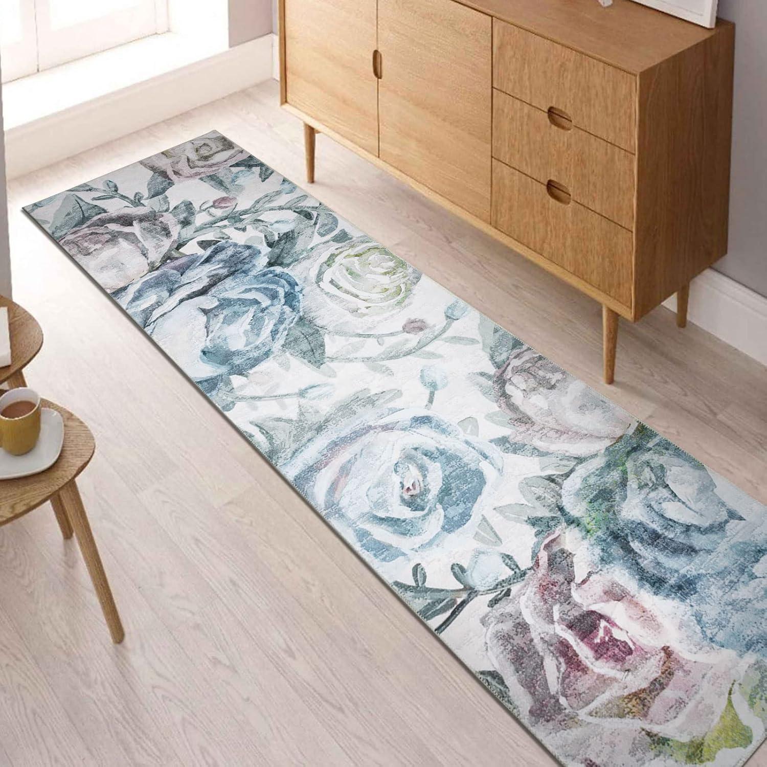 Jasmine Modern Flower Design Machine Washable and Foldable Soft Area Rug Blue/Ivory Multi