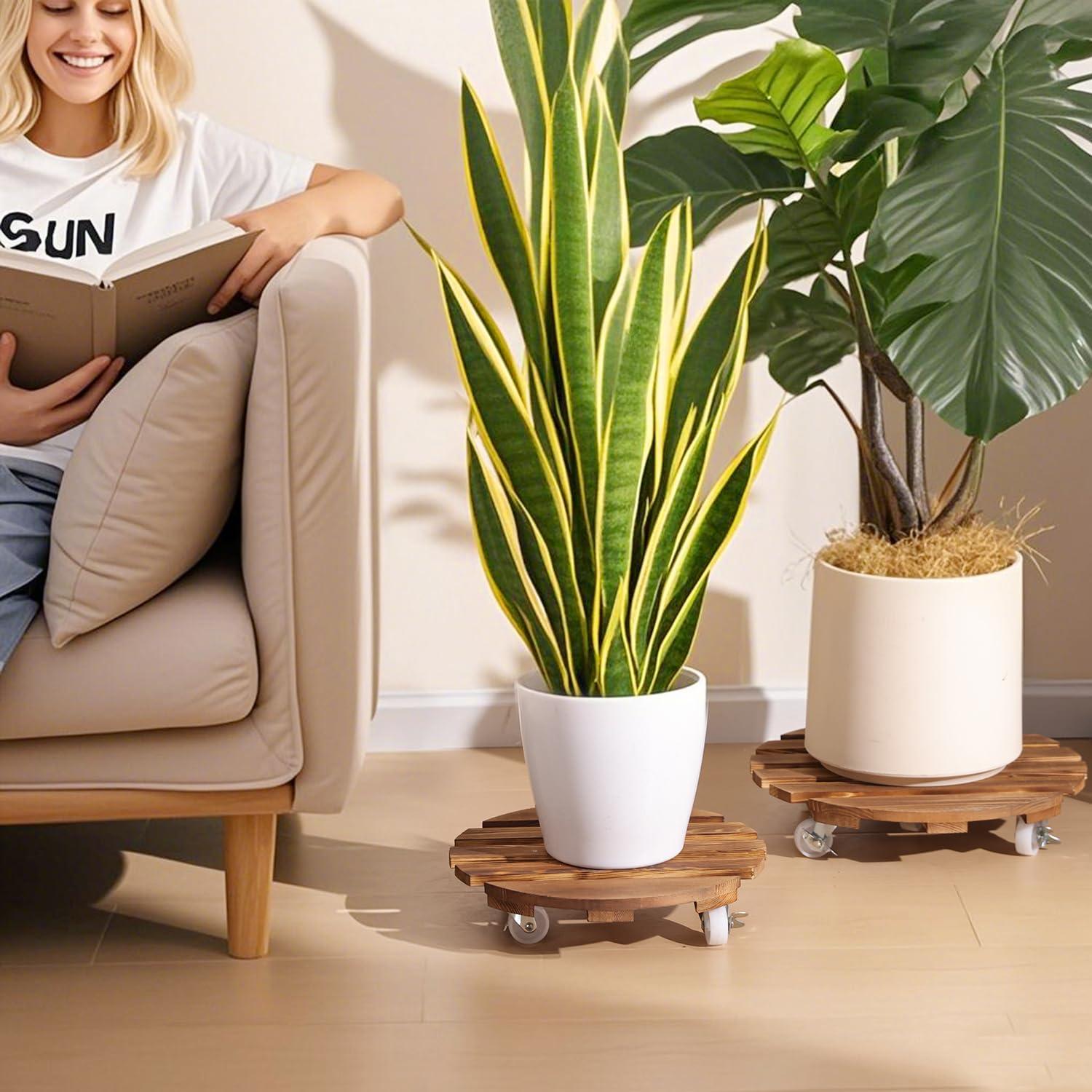 BUSATIA 2pack 12" Plant Caddy Plant Stand with Wheels,Rolling Plant Stand Heavy Duty Wooden Round Plant Dolly Rollers with 360°Metal Lockable Casters Indoor Outdoor Pot Plant Roller Base Caddies