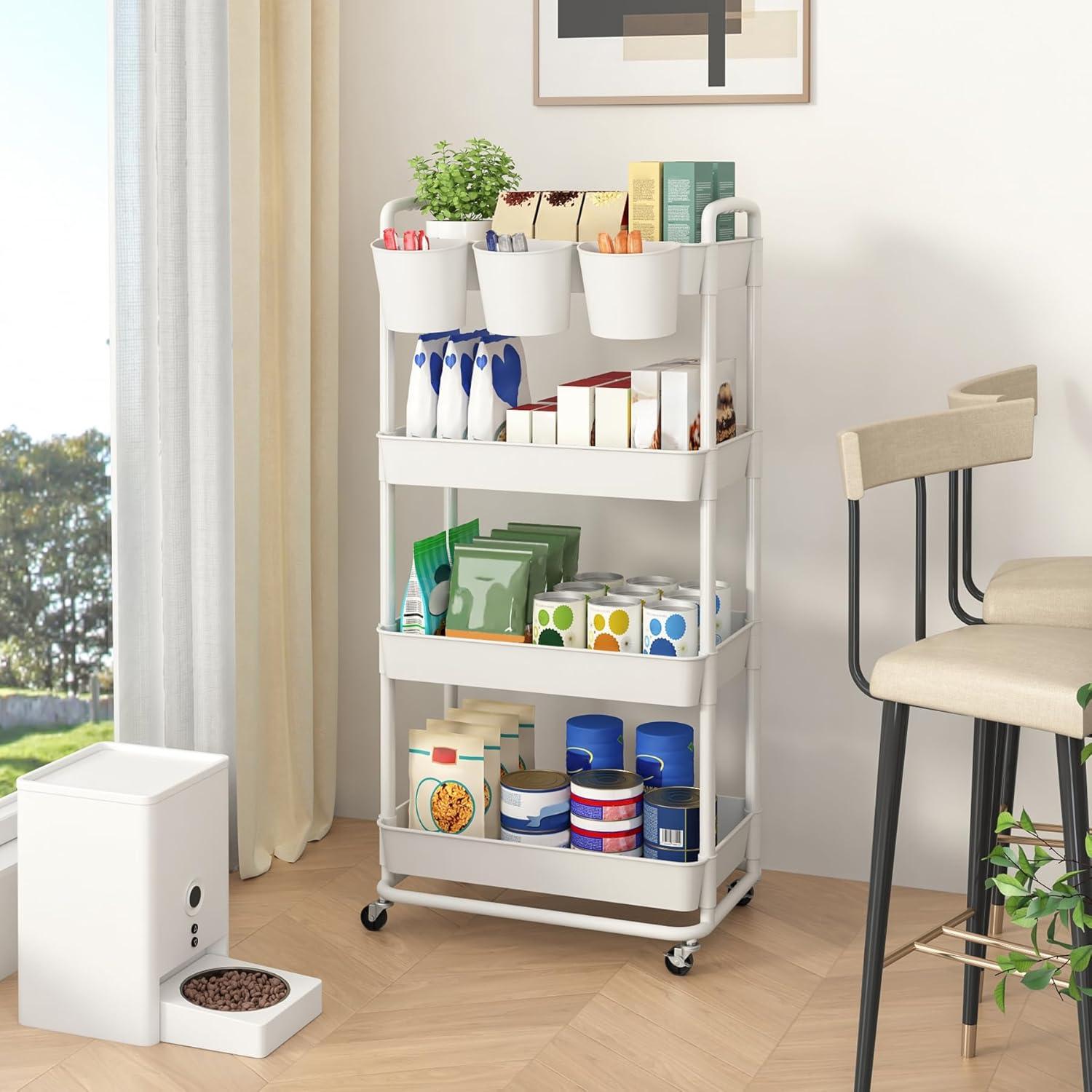 JIUYOTREE 4-Tier Plastic Rolling Storage Cart Utility Cart with Extra Hanging Cups Handles Lockable Wheels for Living Room Bathroom Kitchen Office Green