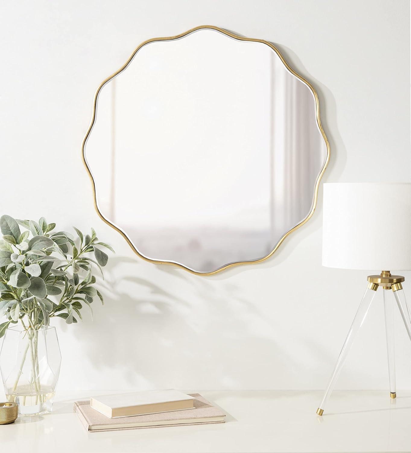 Elegant Viona 29" Round Scalloped Wall Mirror in Gold Finish