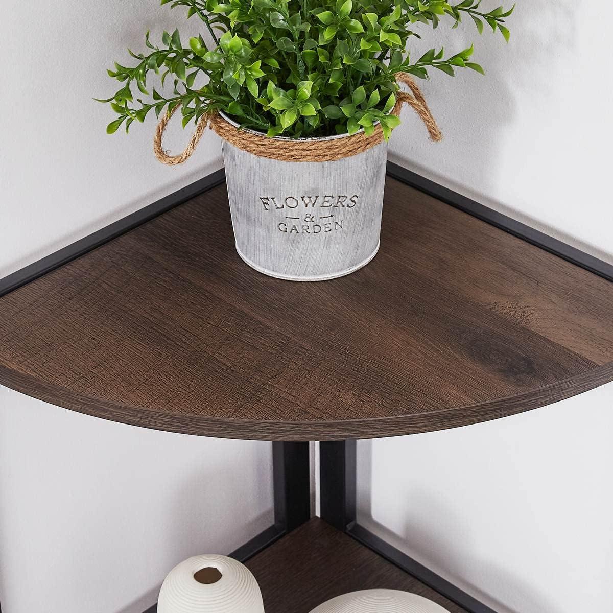 Walnut Brown 5-Tier Industrial Corner Bookshelf with Metal Frame