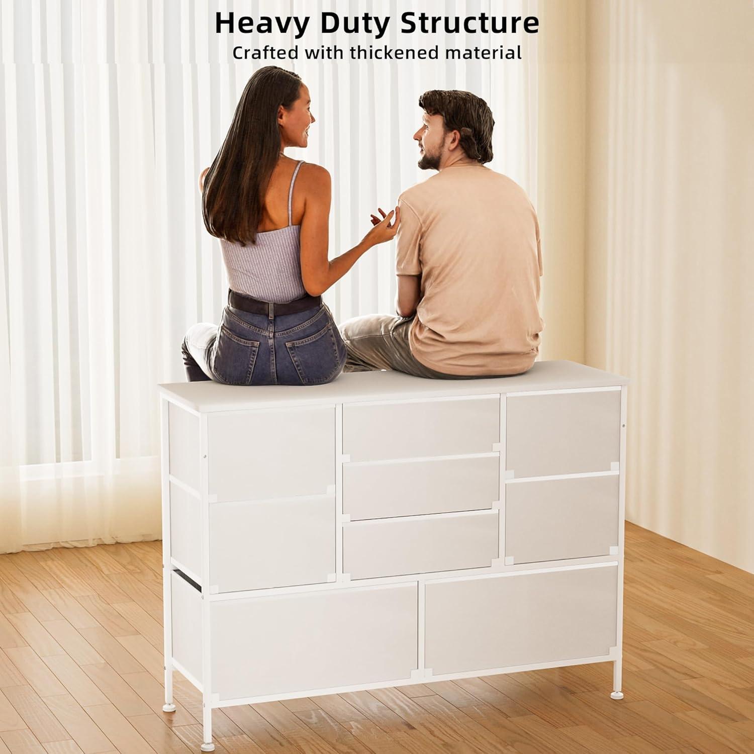 White Fabric Chest of Drawers with Leather Finish, Wide Dresser for Bedroom & Living Room TV Stand, Entertainment Center, Featuring 9 Drawers for 50” TV